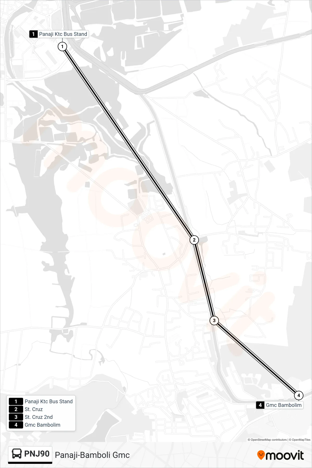 PNJ90 bus Line (Panaji-Bamboli Gmc) route and stops on a map