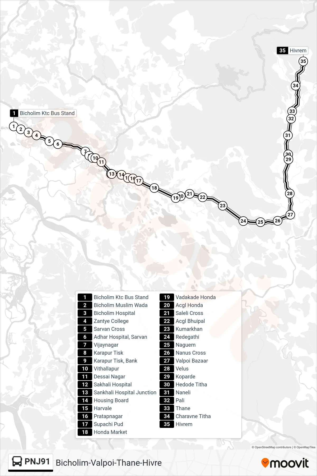 PNJ91 bus Line (Bicholim-Valpoi-Thane-Hivre) route and stops on a map