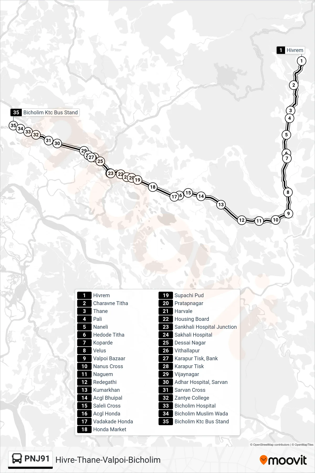 PNJ91 bus Line (Hivre-Thane-Valpoi-Bicholim) route and stops on a map