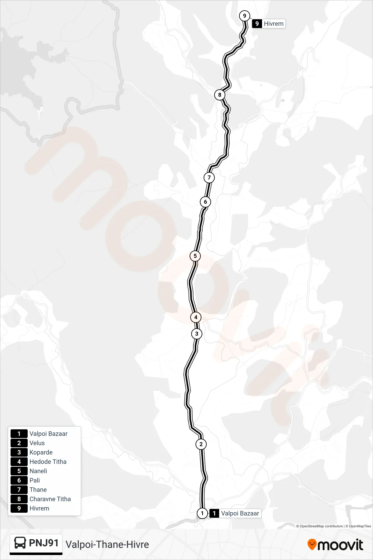 PNJ91 bus Line (Valpoi-Thane-Hivre) route and stops on a map