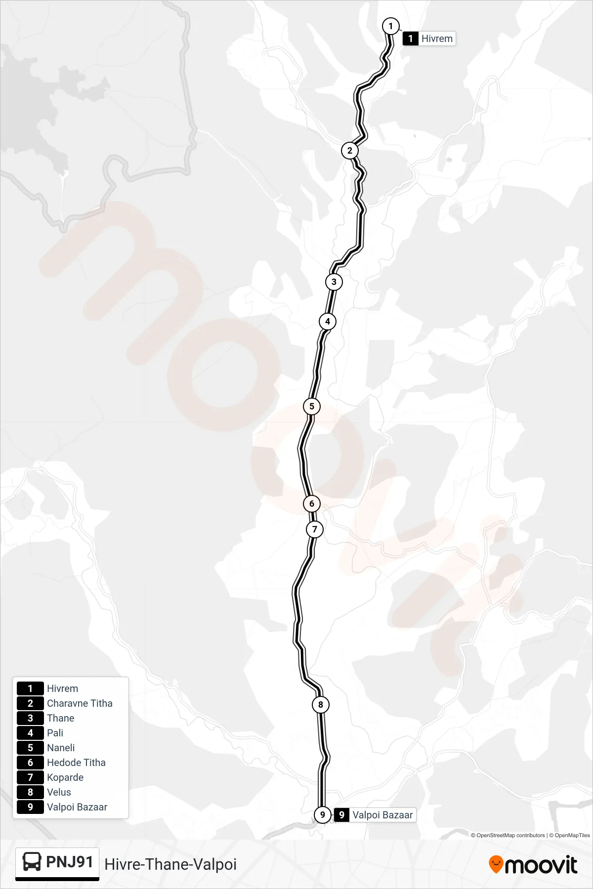 PNJ91 bus Line (Hivre-Thane-Valpoi) route and stops on a map