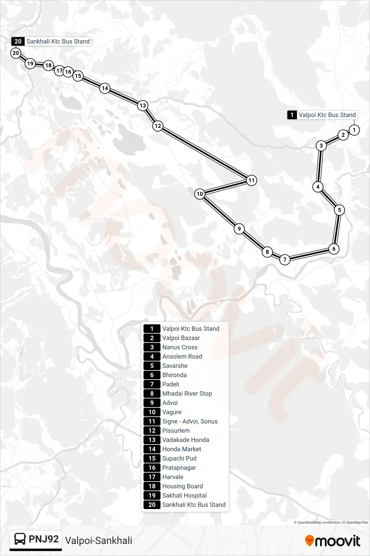 PNJ92 bus Line (Valpoi-Sankhali) route and stops on a map