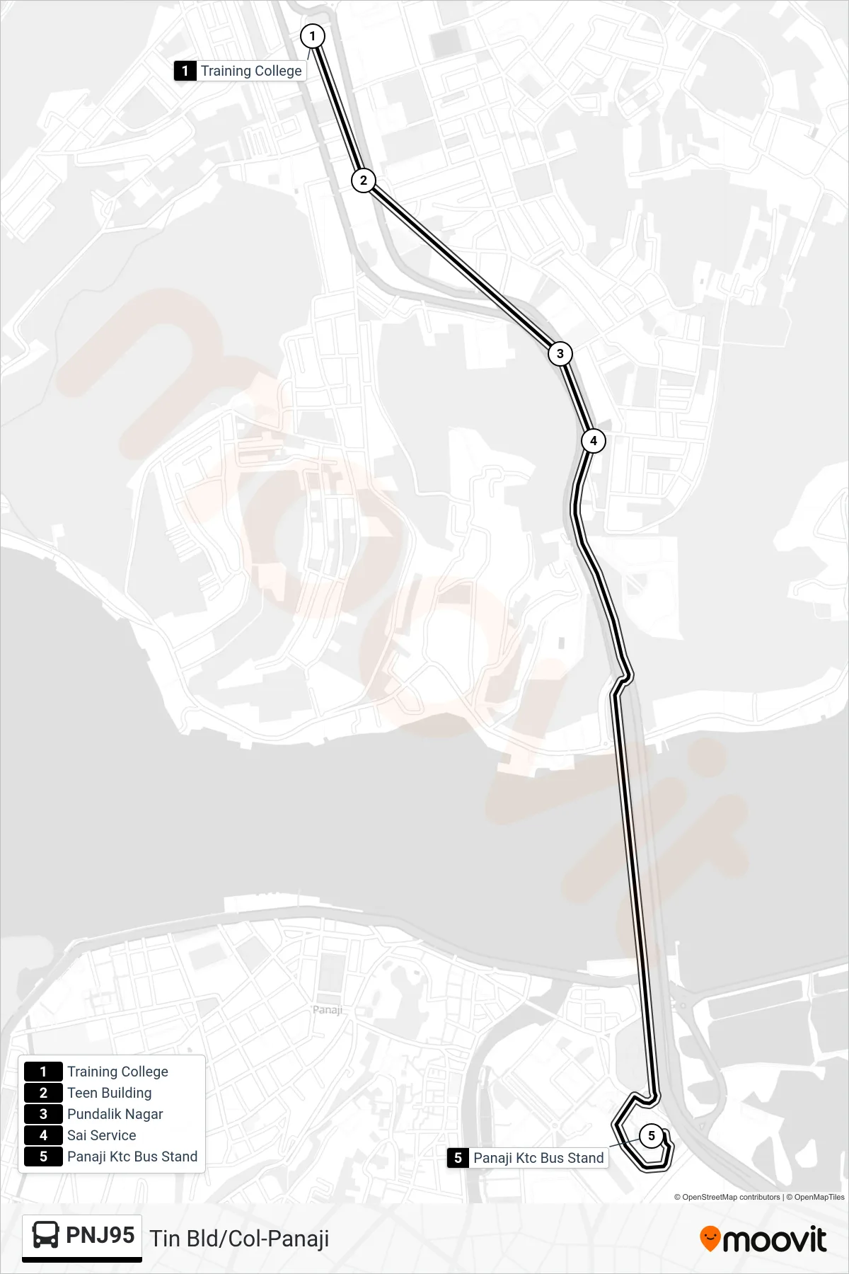 PNJ95 bus Line (Tin Bld/Col-Panaji) route and stops on a map