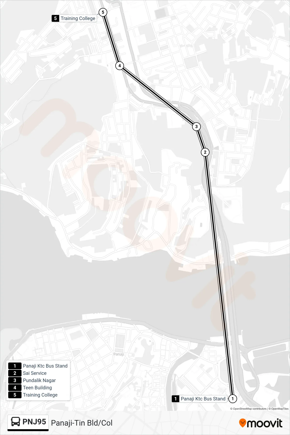 PNJ95 bus Line (Panaji-Tin Bld/Col) route and stops on a map