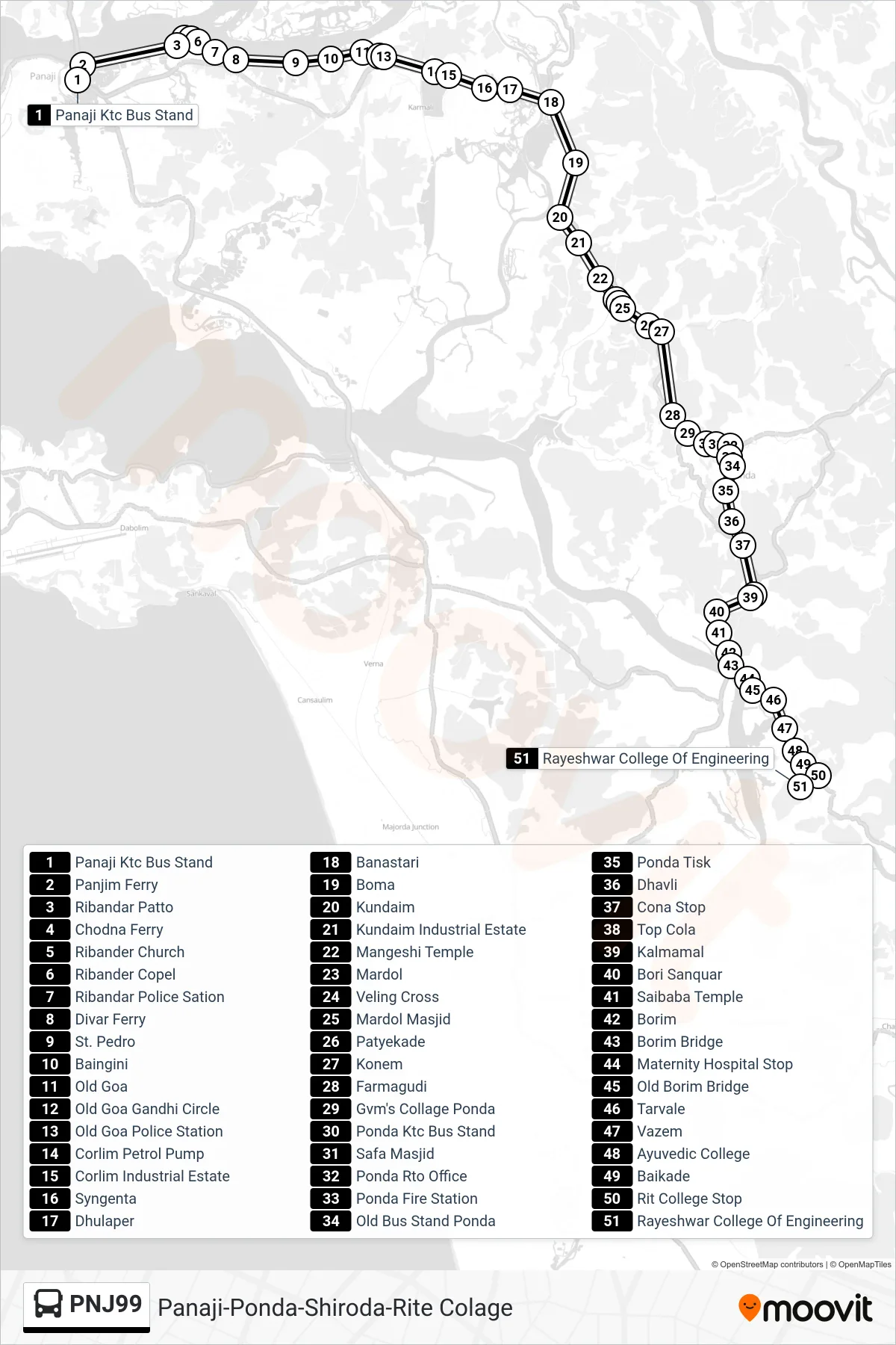 PNJ99 bus Line (Panaji-Ponda-Shiroda-Rite Colage) route and stops on a map
