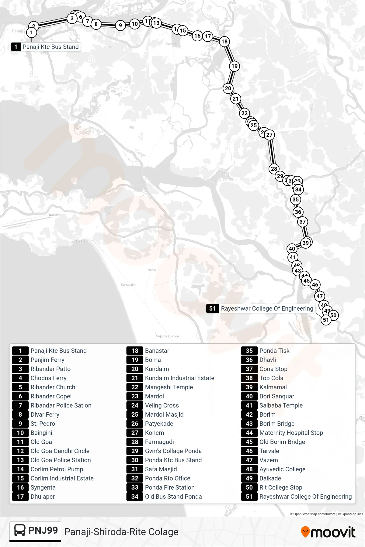 PNJ99 bus Line (Panaji-Shiroda-Rite Colage) route and stops on a map