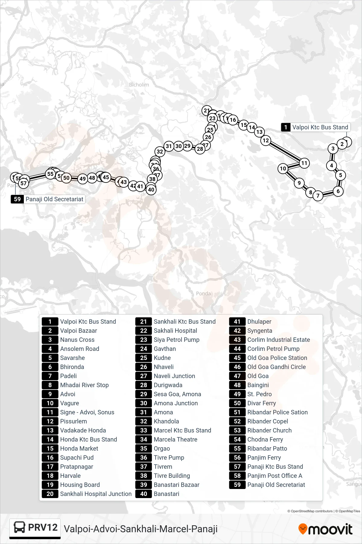 PRV12 bus Line (Valpoi-Advoi-Sankhali-Marcel-Panaji) route and stops on a map