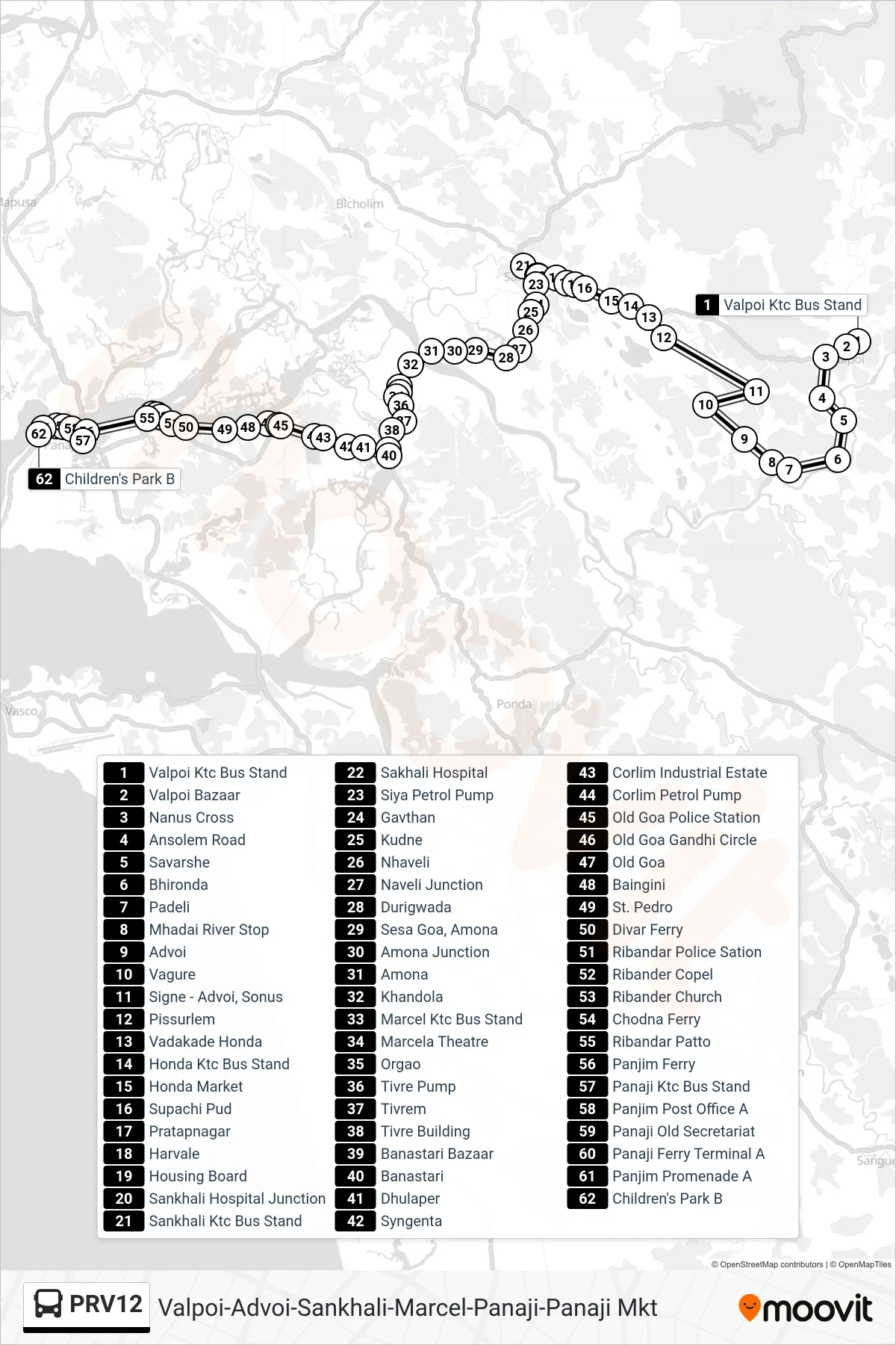 PRV12 bus Line (Valpoi-Advoi-Sankhali-Marcel-Panaji-Panaji Mkt) route and stops on a map