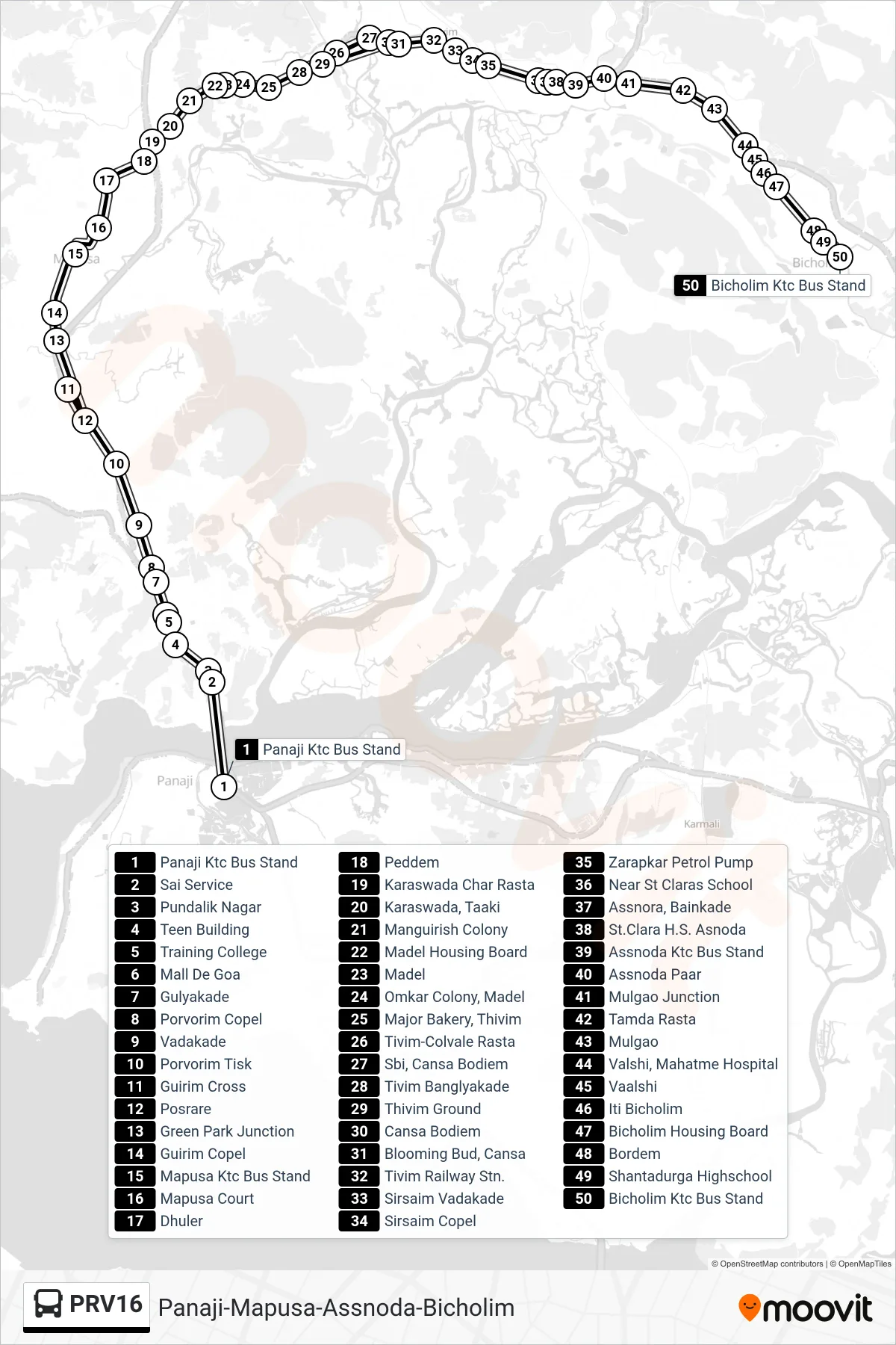 PRV16 bus Line (Panaji-Mapusa-Assnoda-Bicholim) route and stops on a map