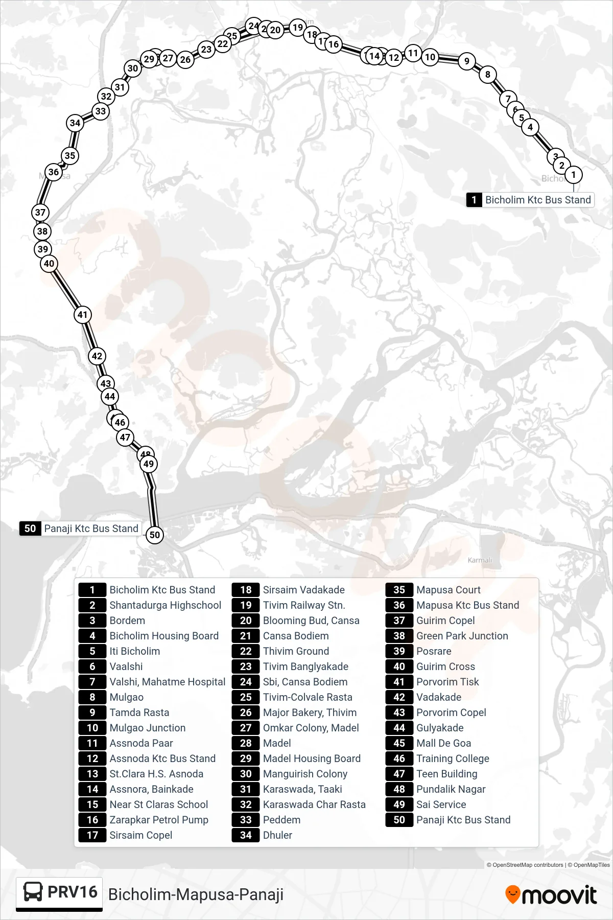 PRV16 bus Line (Bicholim-Mapusa-Panaji) route and stops on a map