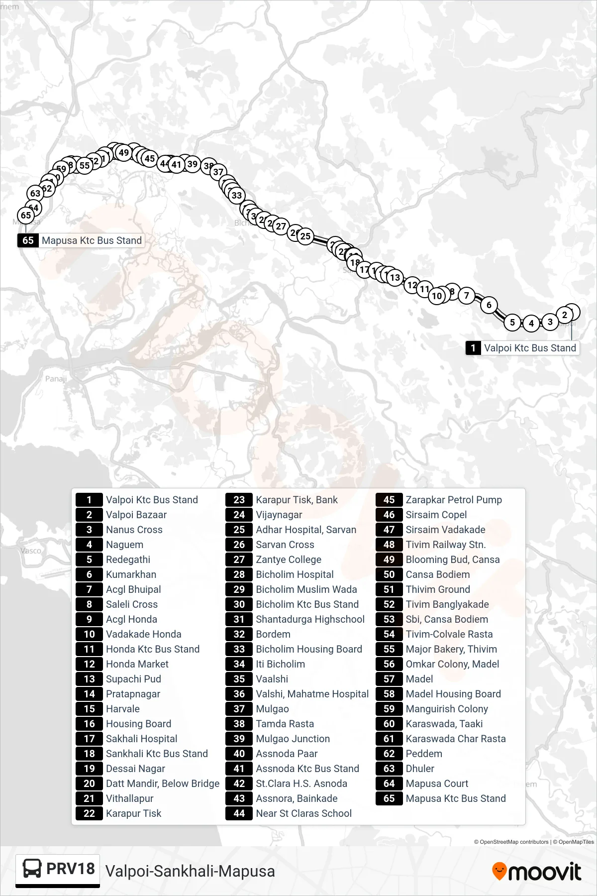 PRV18 bus Line (Valpoi-Sankhali-Mapusa) route and stops on a map