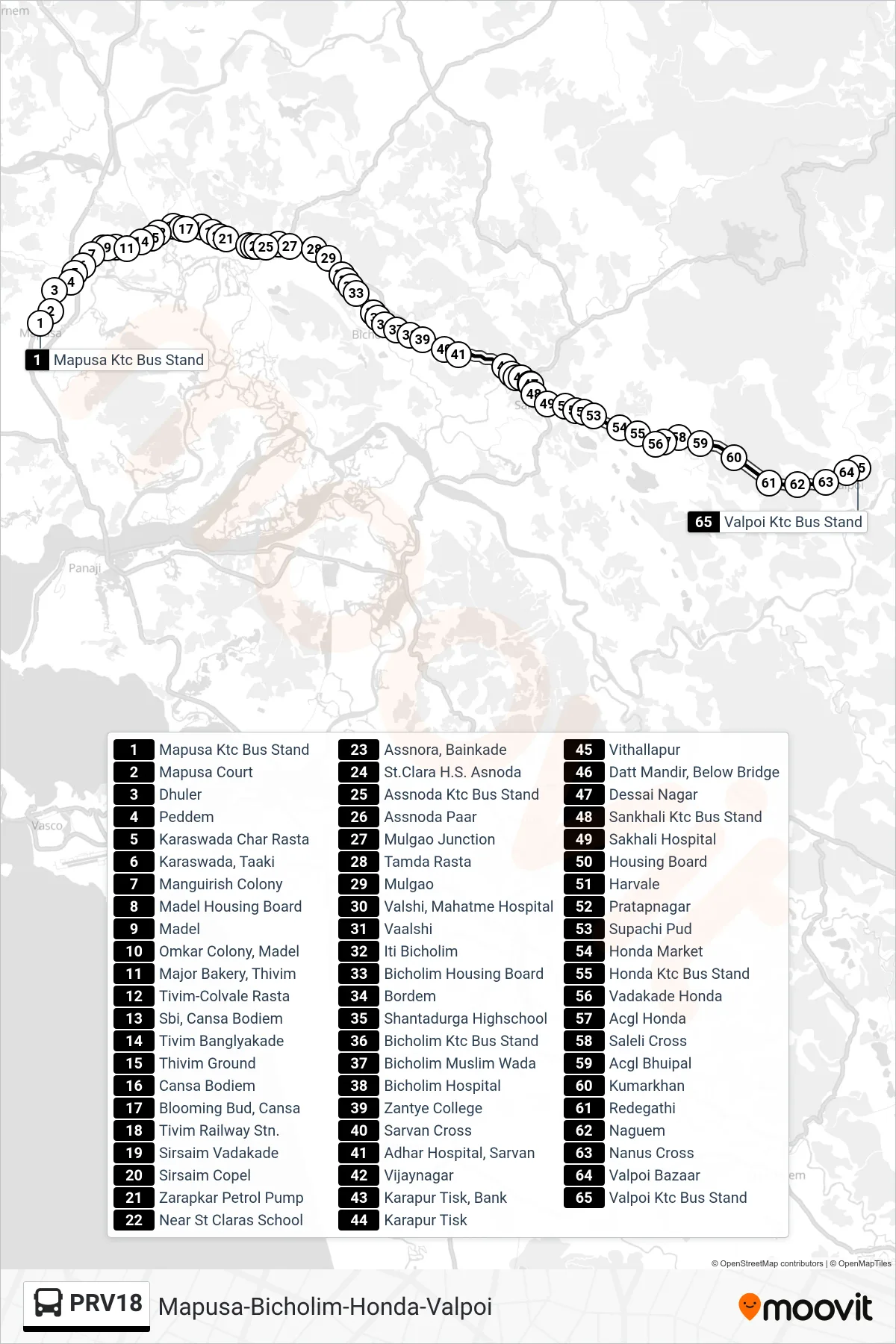 PRV18 bus Line (Mapusa-Bicholim-Honda-Valpoi) route and stops on a map