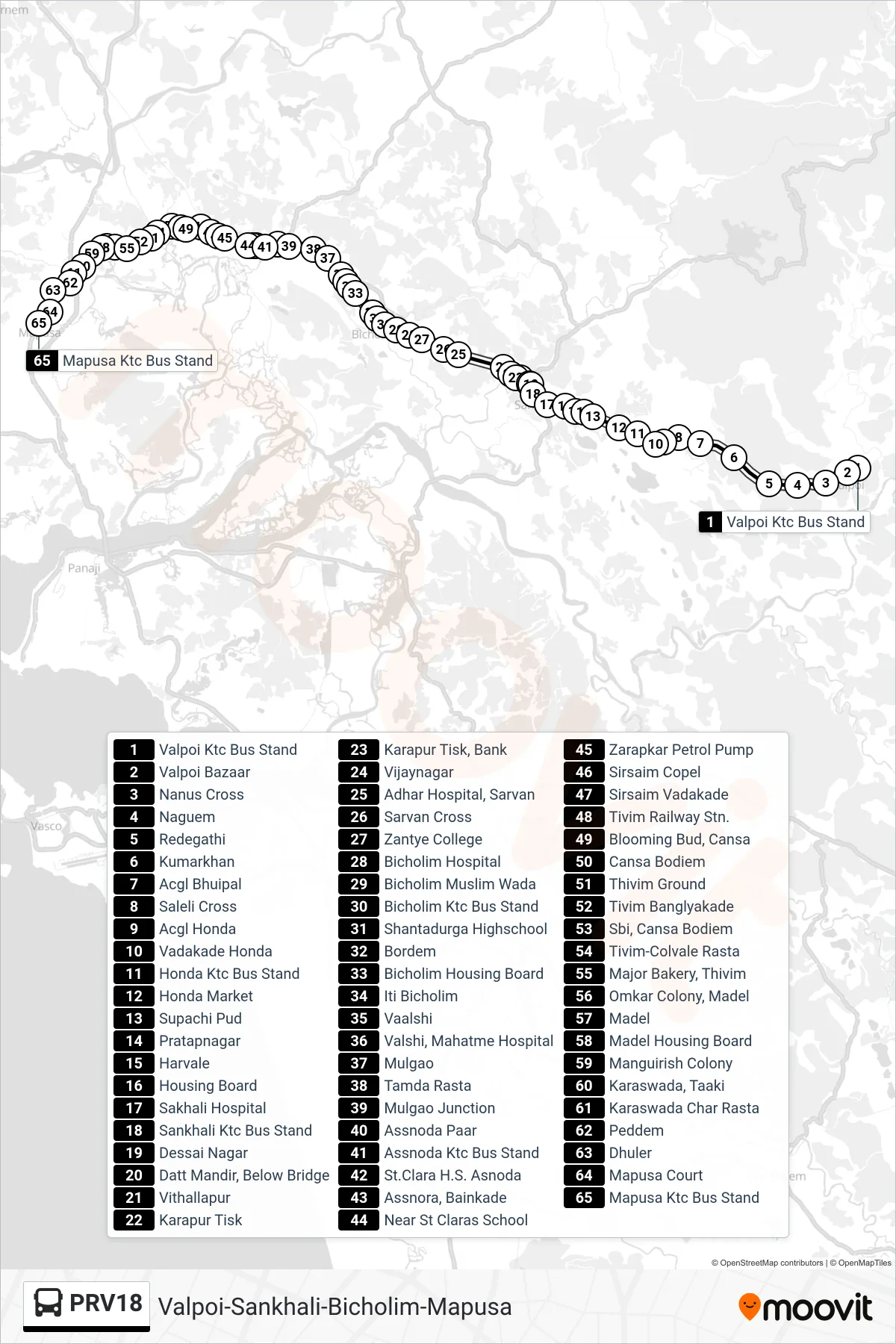 PRV18 bus Line (Valpoi-Sankhali-Bicholim-Mapusa) route and stops on a map