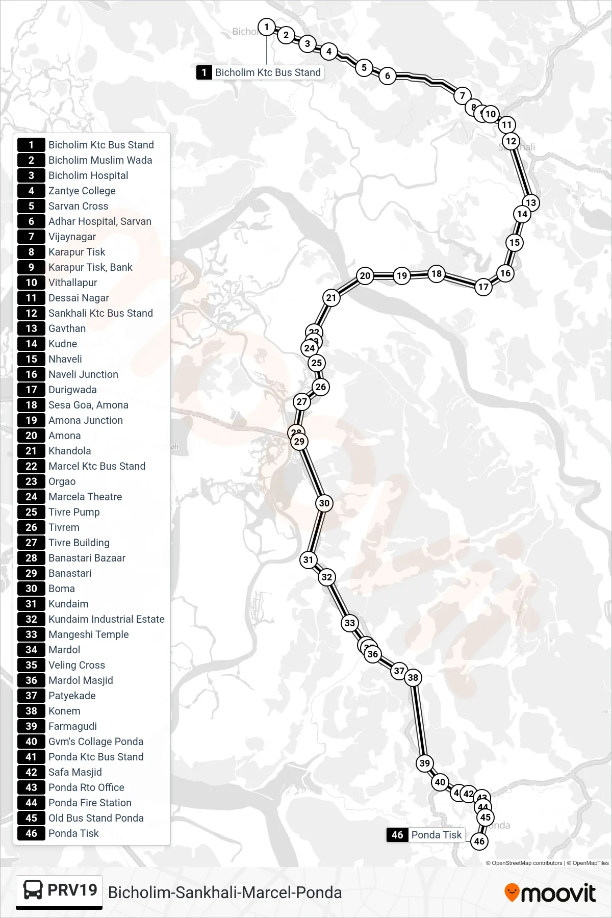 PRV19 bus Line (Bicholim-Sankhali-Marcel-Ponda) route and stops on a map