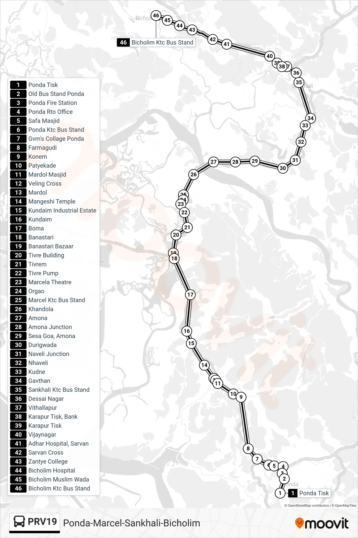 PRV19 bus Line (Ponda-Marcel-Sankhali-Bicholim) route and stops on a map