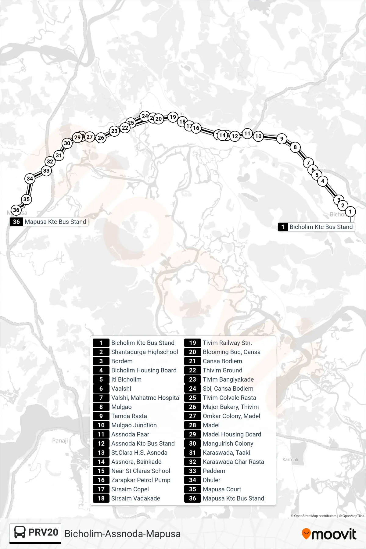 PRV20 bus Line (Bicholim-Assnoda-Mapusa) route and stops on a map