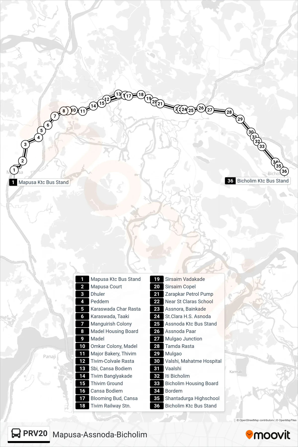 PRV20 bus Line (Mapusa-Assnoda-Bicholim) route and stops on a map