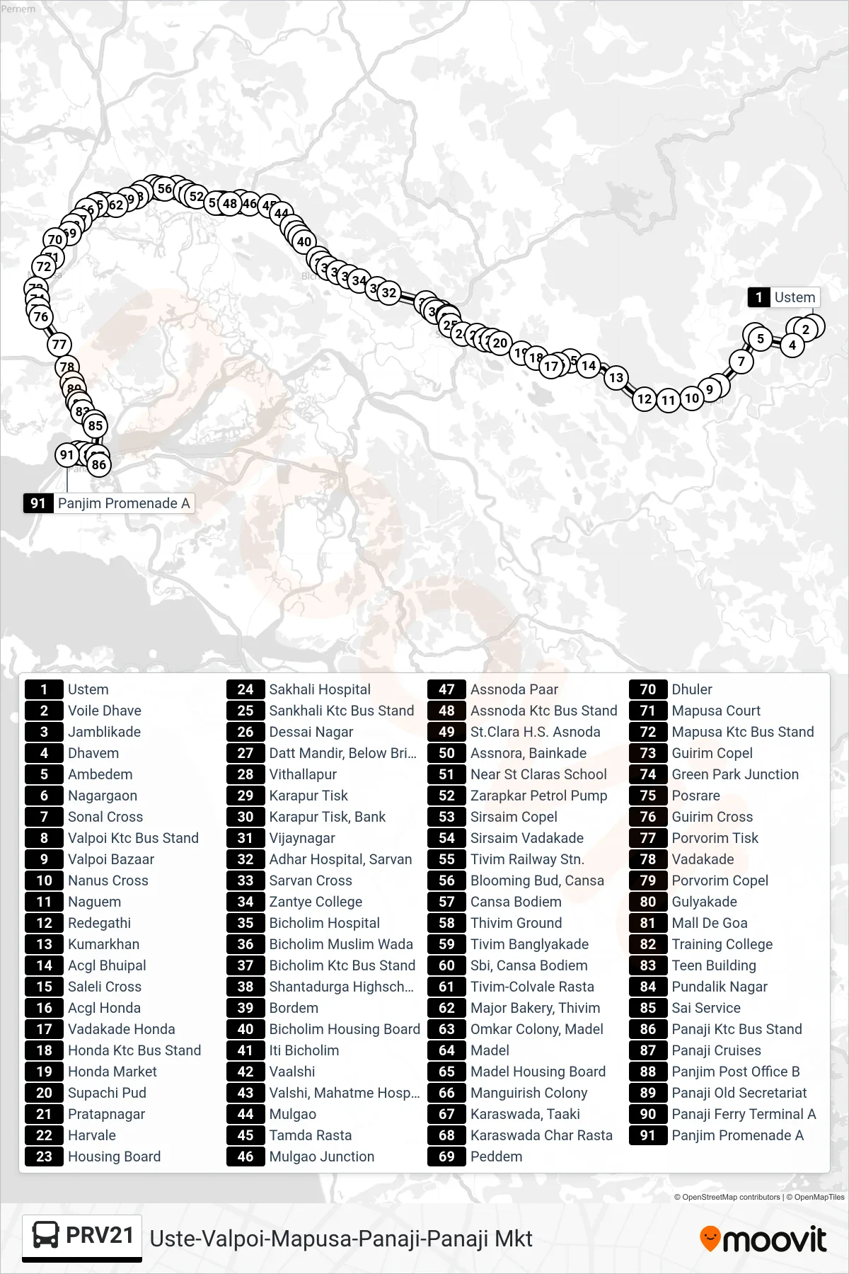 PRV21 bus Line (Uste-Valpoi-Mapusa-Panaji-Panaji Mkt) route and stops on a map