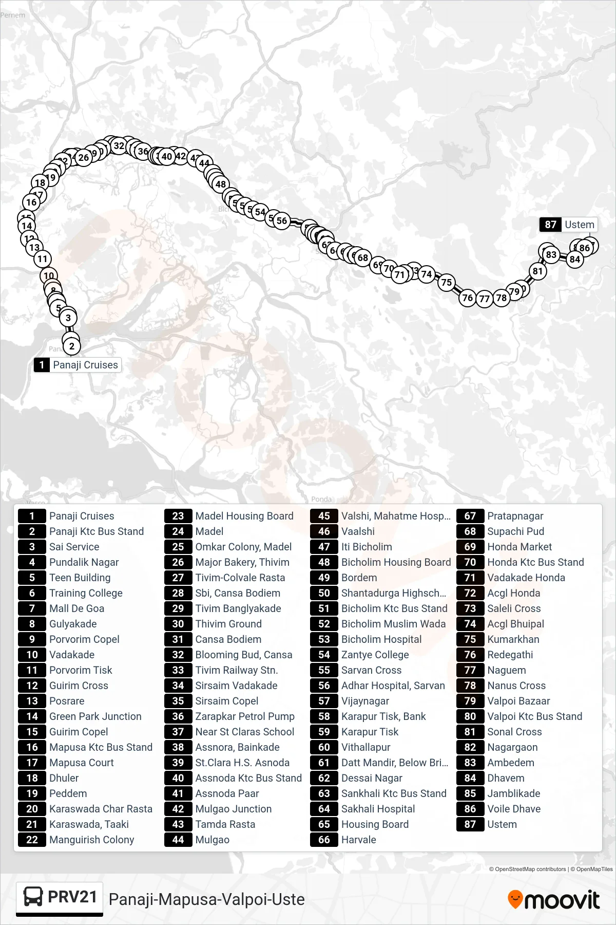 PRV21 bus Line (Panaji-Mapusa-Valpoi-Uste) route and stops on a map