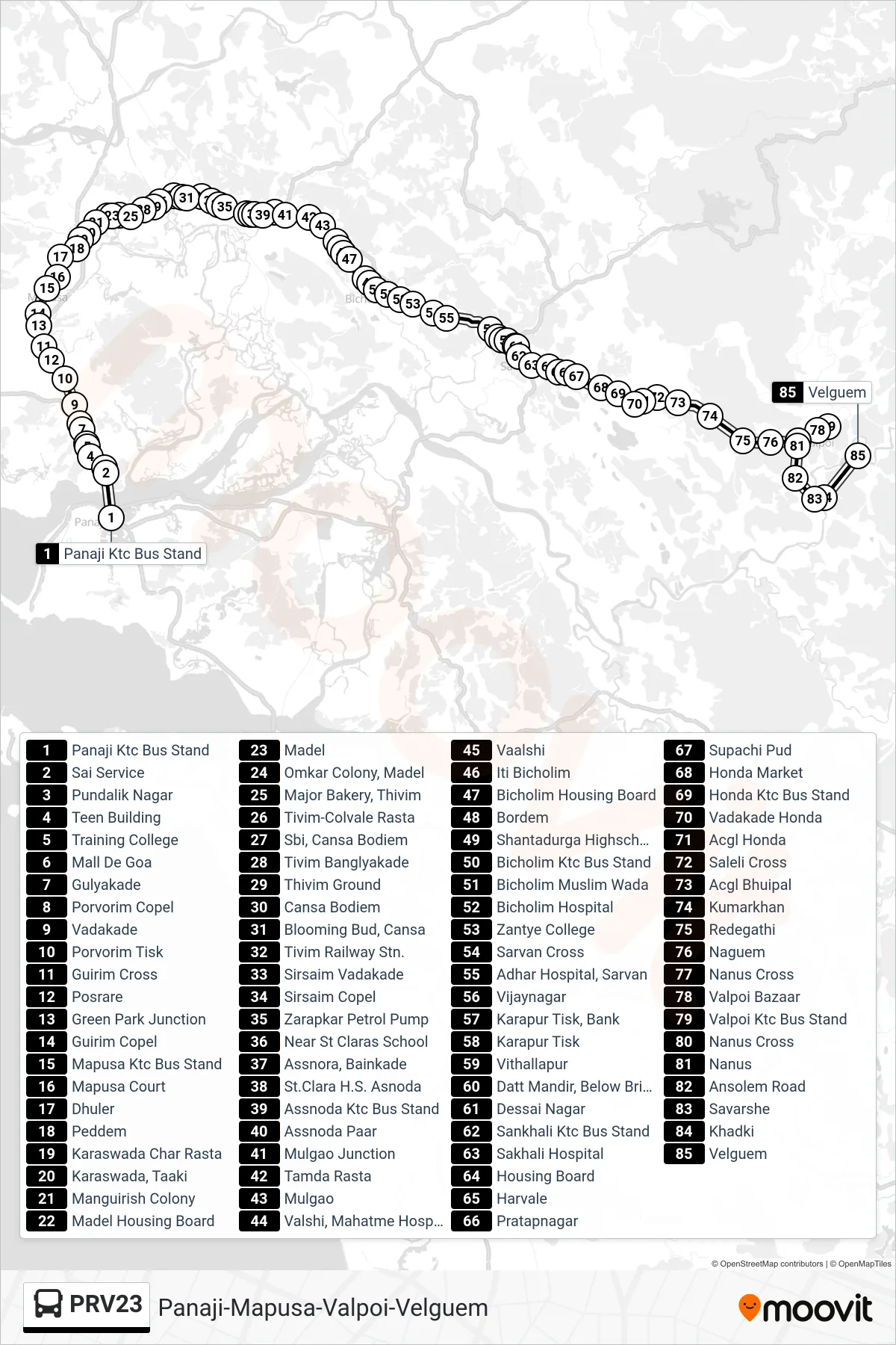 PRV23 bus Line (Panaji-Mapusa-Valpoi-Velguem) route and stops on a map