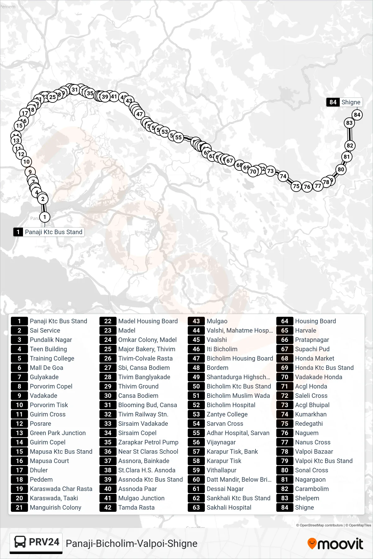 PRV24 bus Line (Panaji-Bicholim-Valpoi-Shigne) route and stops on a map