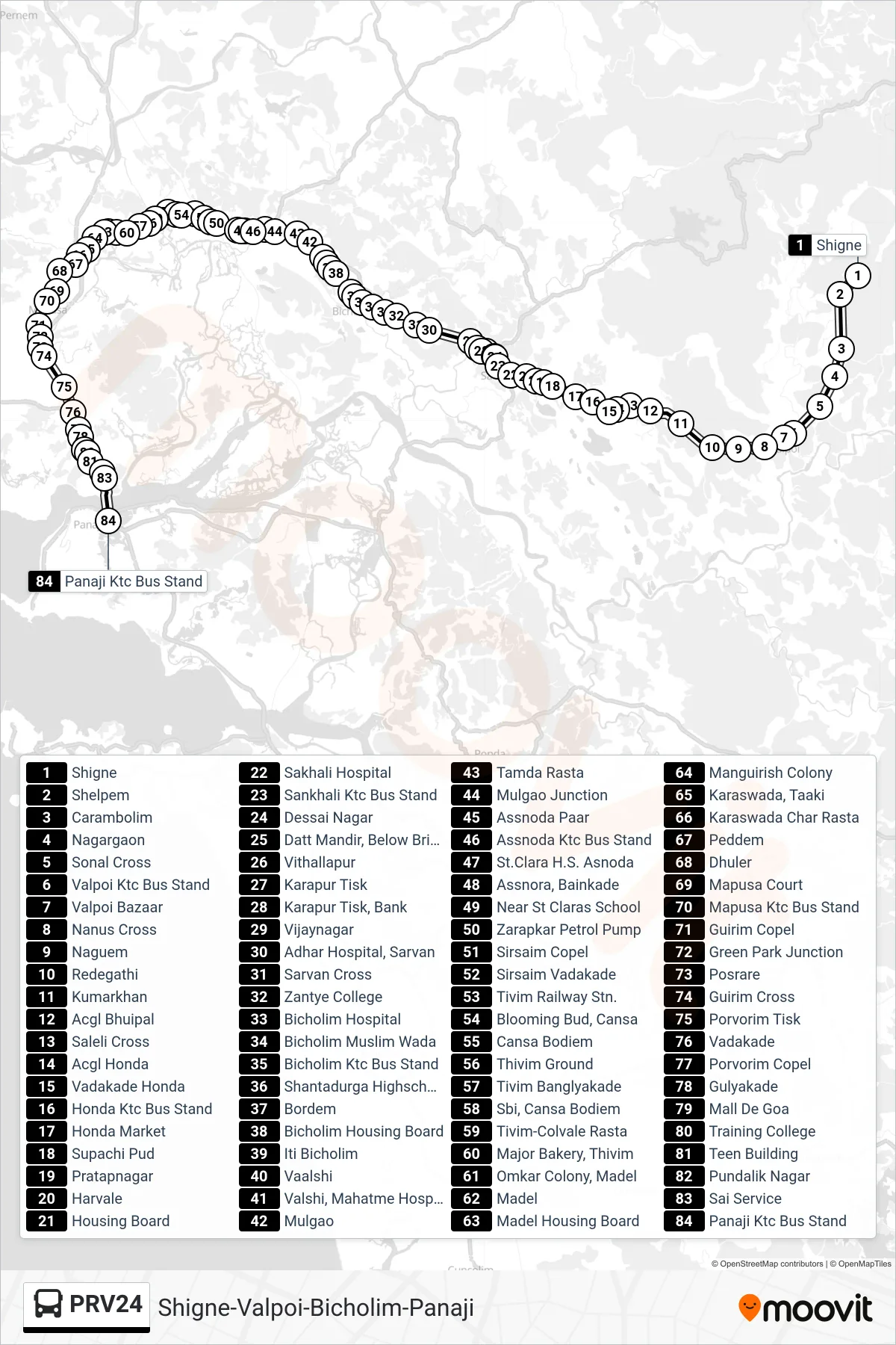 PRV24 bus Line (Shigne-Valpoi-Bicholim-Panaji) route and stops on a map