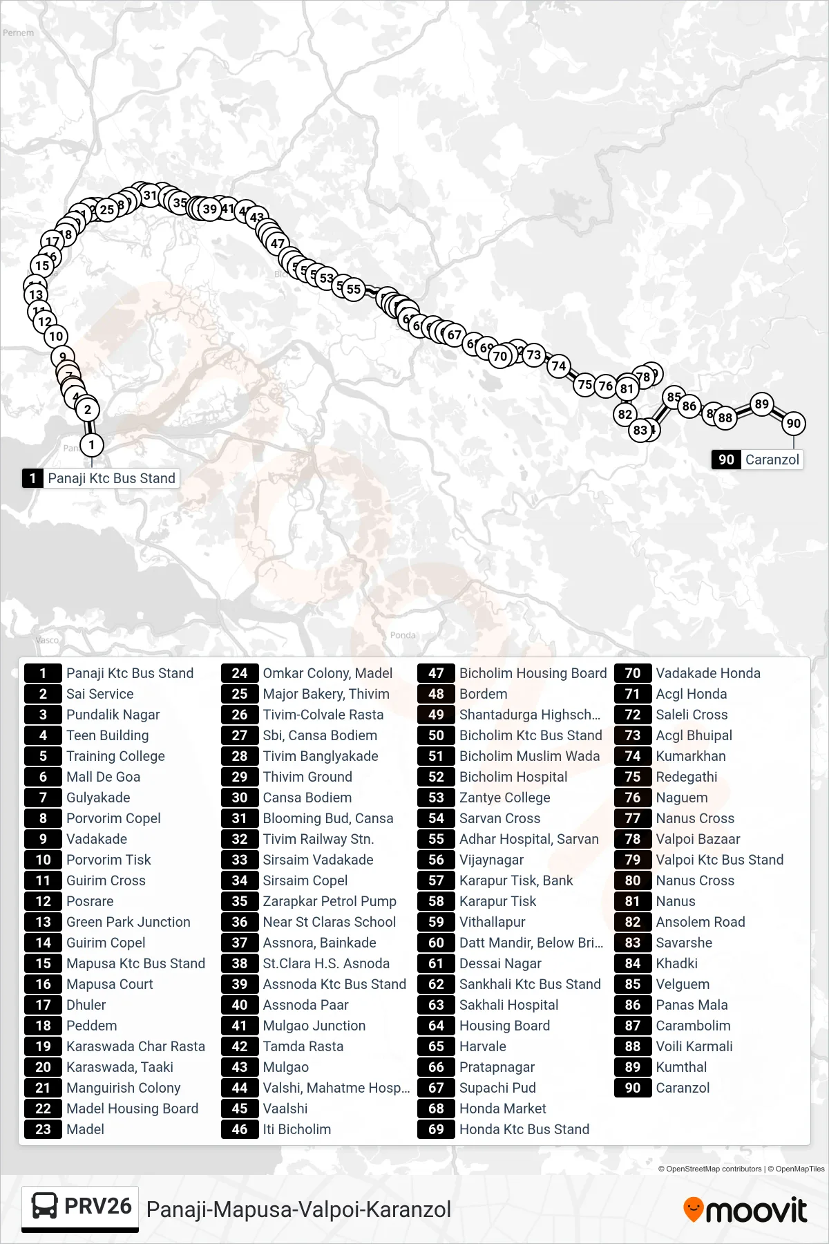 PRV26 bus Line (Panaji-Mapusa-Valpoi-Karanzol) route and stops on a map
