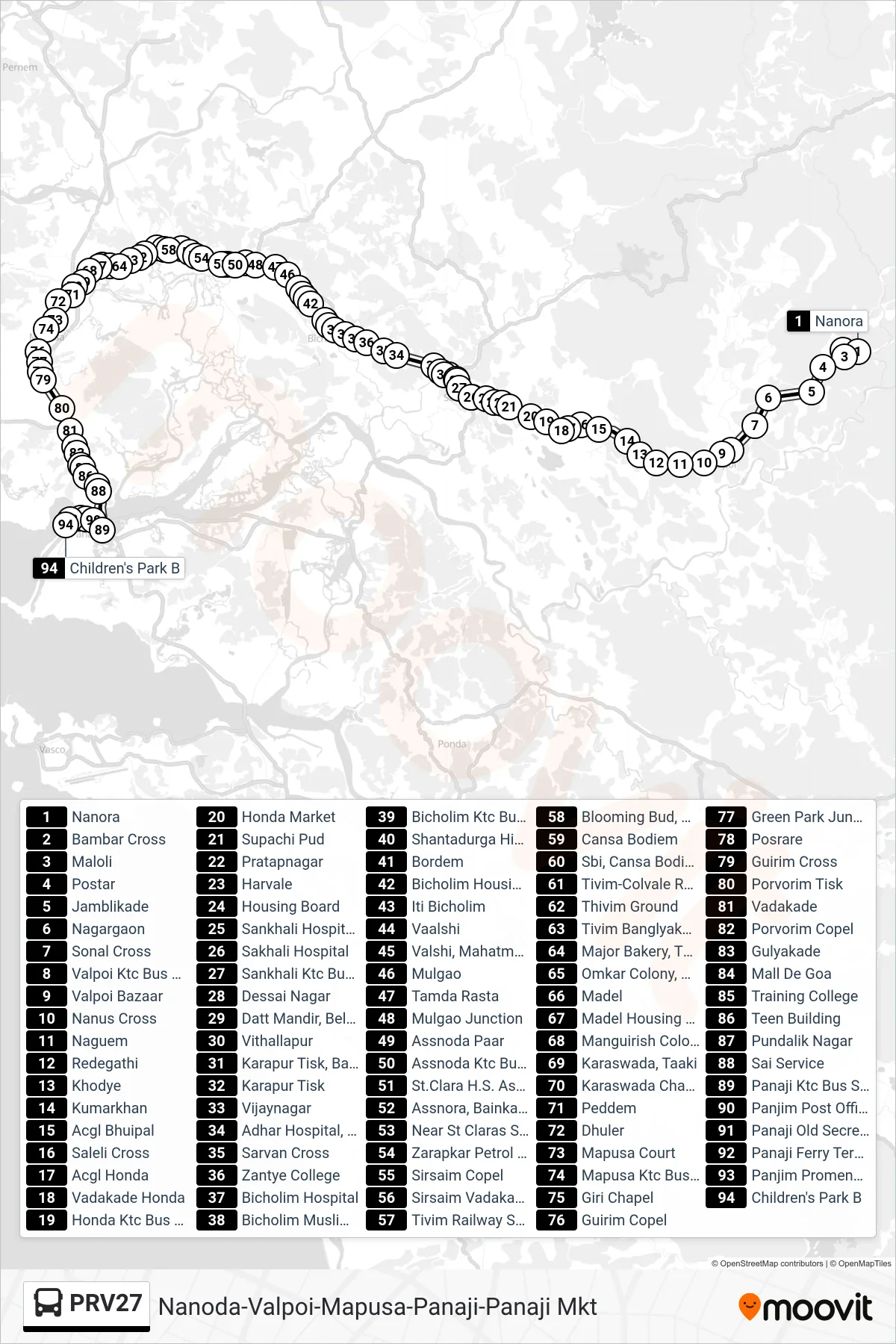 PRV27 bus Line (Nanoda-Valpoi-Mapusa-Panaji-Panaji Mkt) route and stops on a map