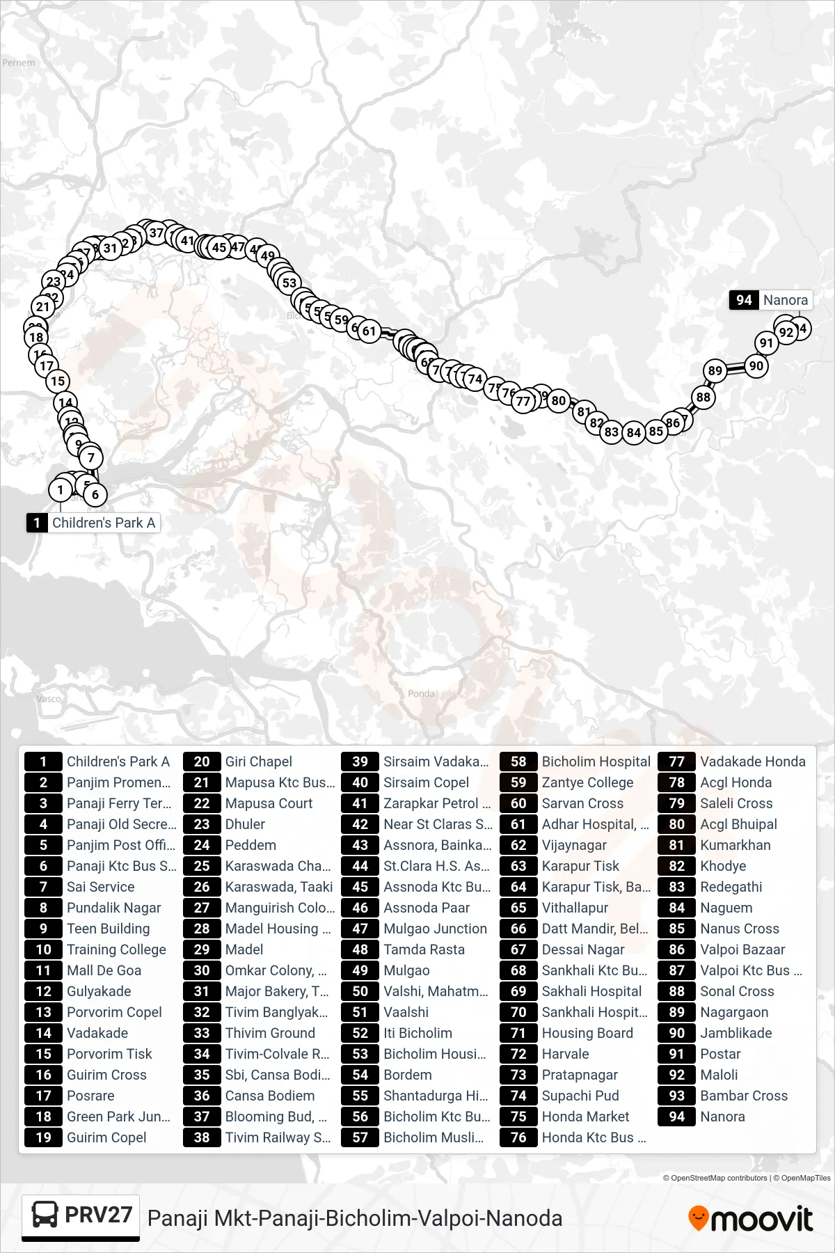 PRV27 bus Line (Panaji Mkt-Panaji-Bicholim-Valpoi-Nanoda) route and stops on a map