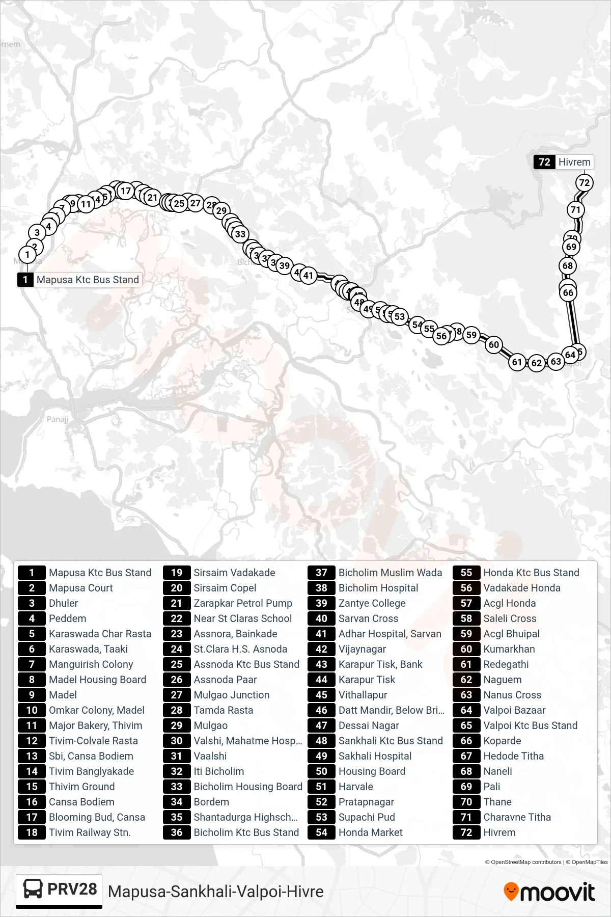 PRV28 bus Line (Mapusa-Sankhali-Valpoi-Hivre) route and stops on a map