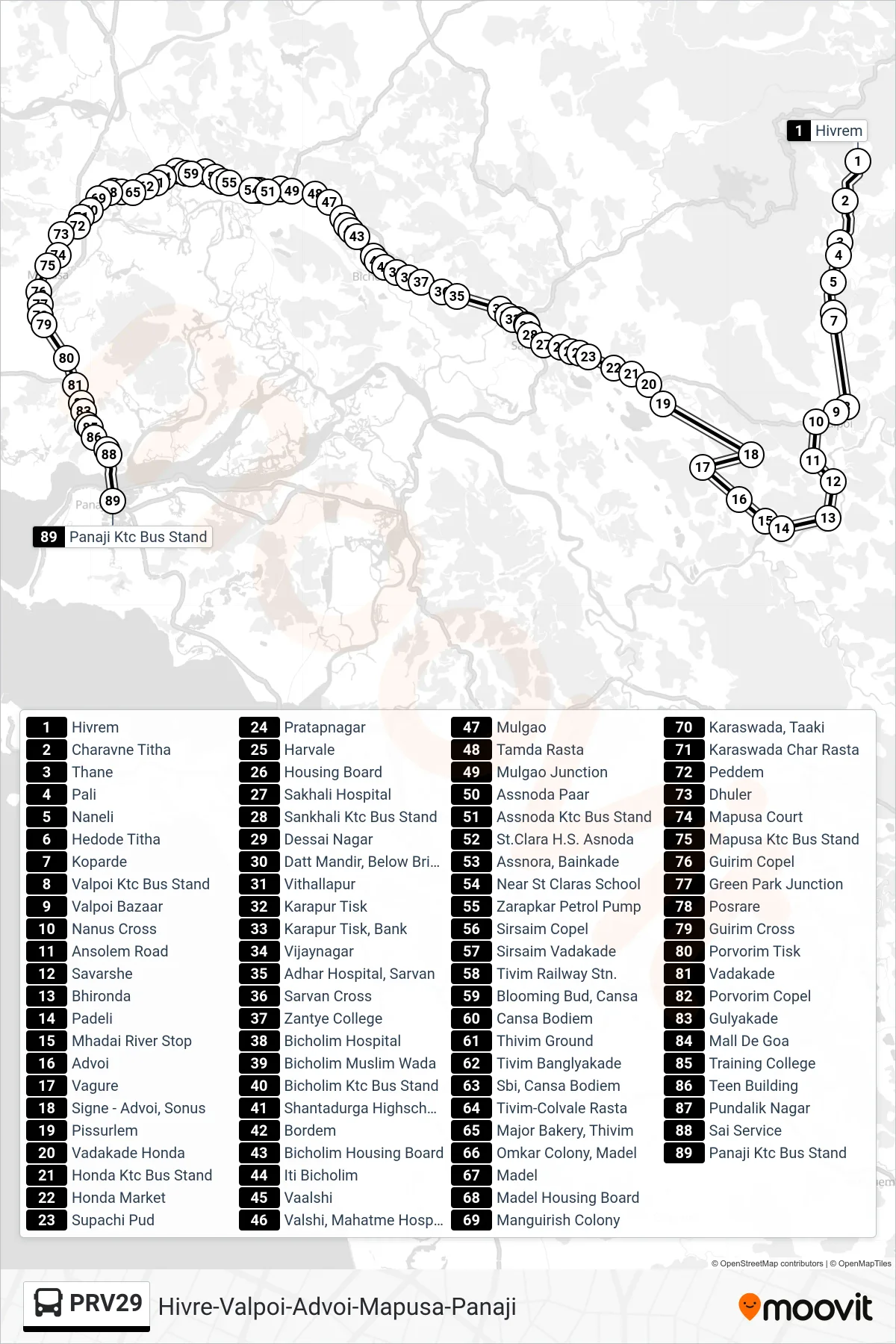 PRV29 bus Line (Hivre-Valpoi-Advoi-Mapusa-Panaji) route and stops on a map