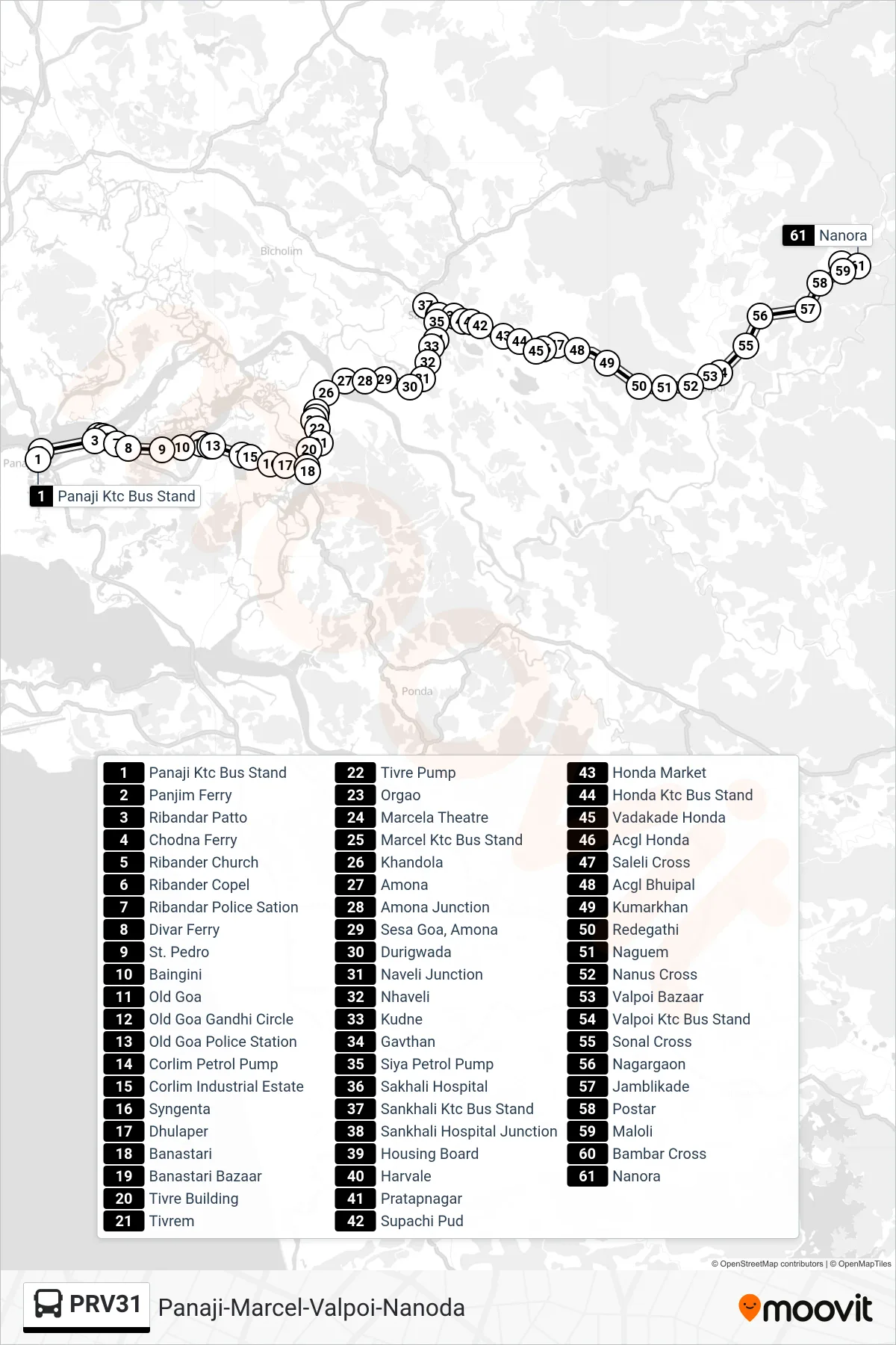 PRV31 bus Line (Panaji-Marcel-Valpoi-Nanoda) route and stops on a map
