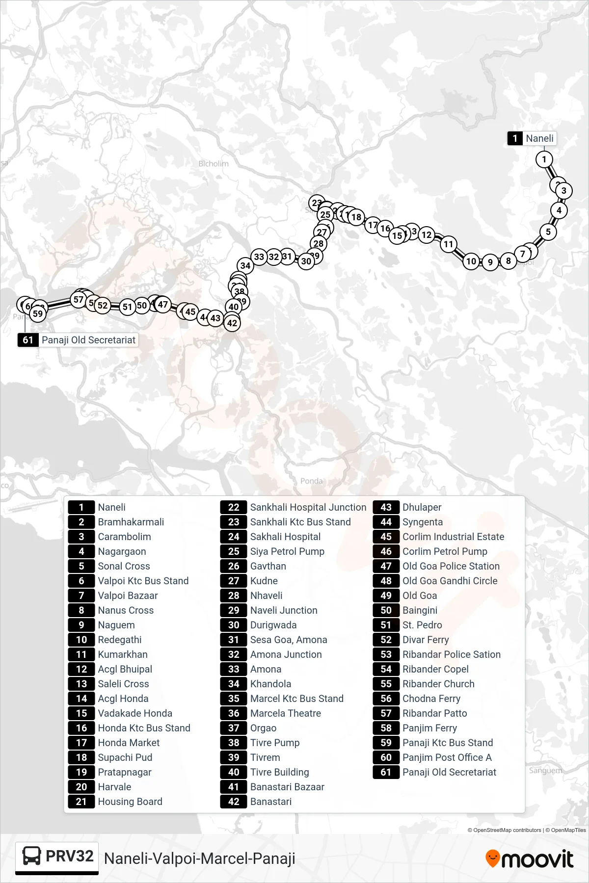 PRV32 bus Line (Naneli-Valpoi-Marcel-Panaji) route and stops on a map
