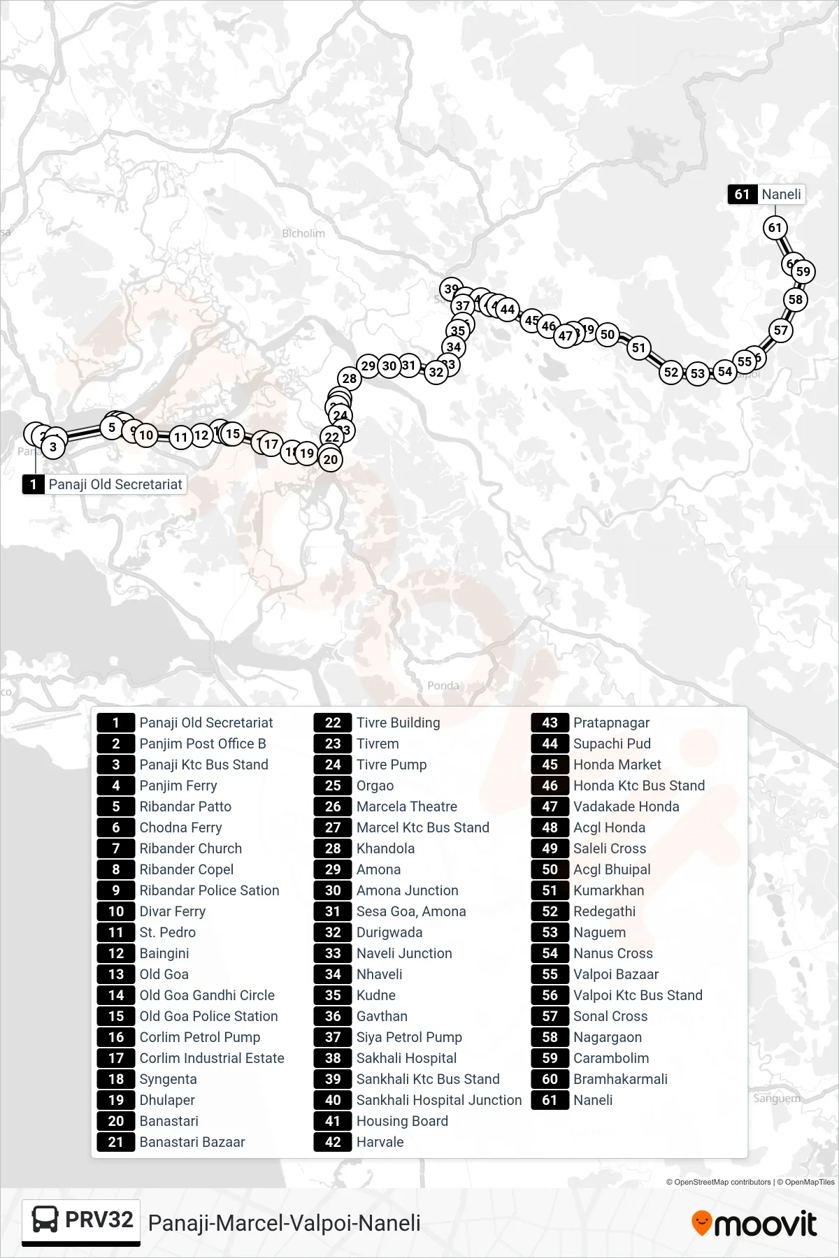 PRV32 bus Line (Panaji-Marcel-Valpoi-Naneli) route and stops on a map