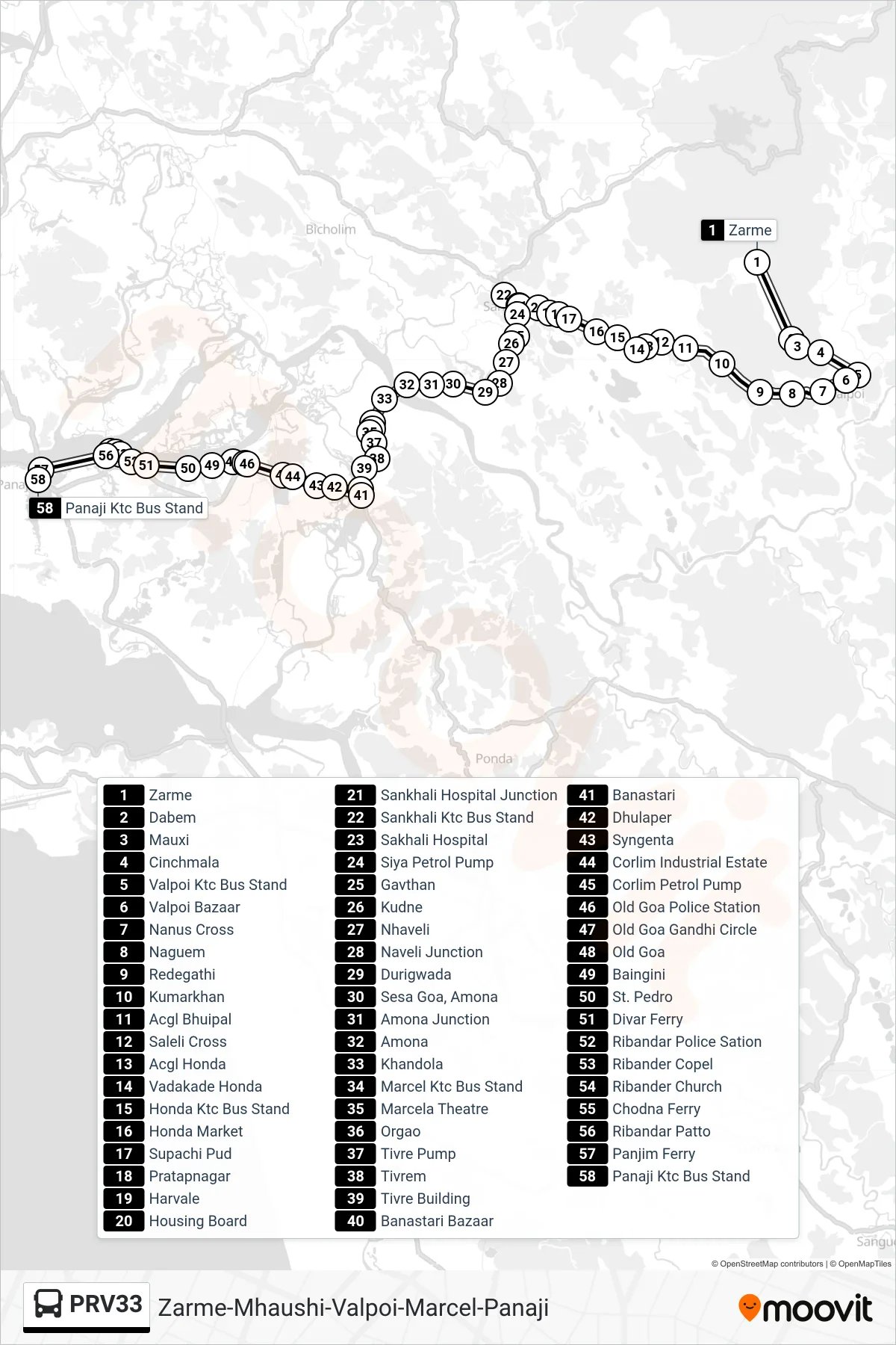 PRV33 bus Line (Zarme-Mhaushi-Valpoi-Marcel-Panaji) route and stops on a map