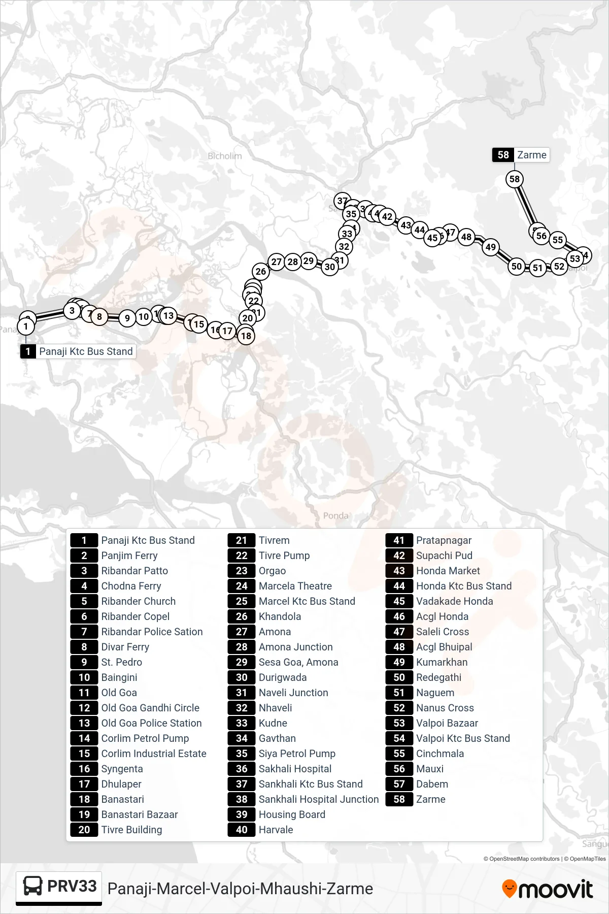 PRV33 bus Line (Panaji-Marcel-Valpoi-Mhaushi-Zarme) route and stops on a map