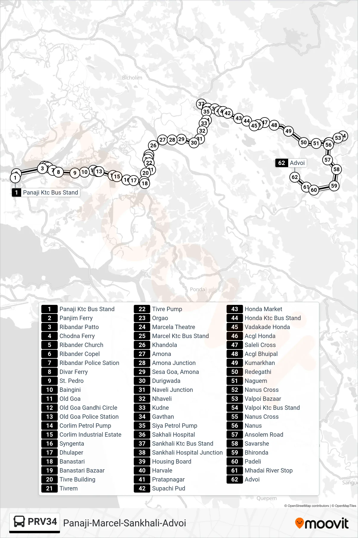 PRV34 bus Line (Panaji-Marcel-Sankhali-Advoi) route and stops on a map