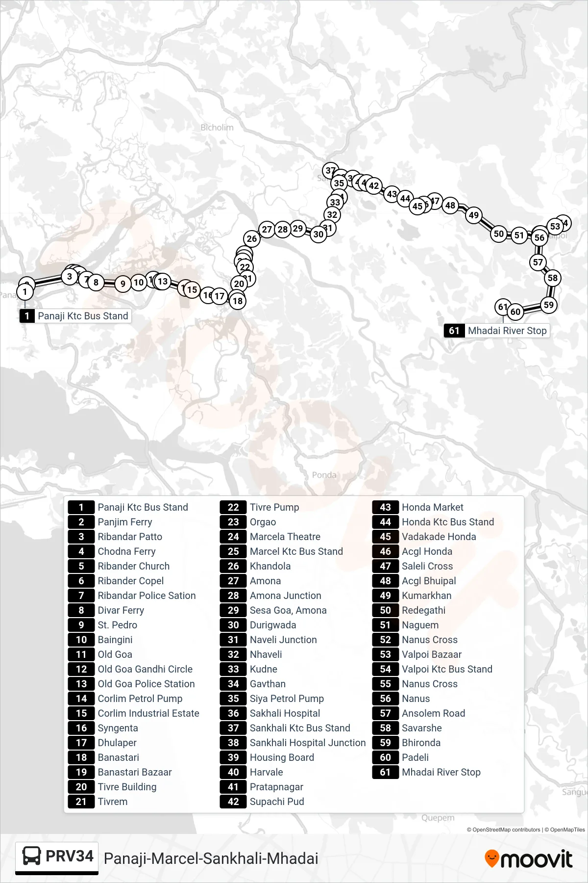 PRV34 bus Line (Panaji-Marcel-Sankhali-Mhadai) route and stops on a map
