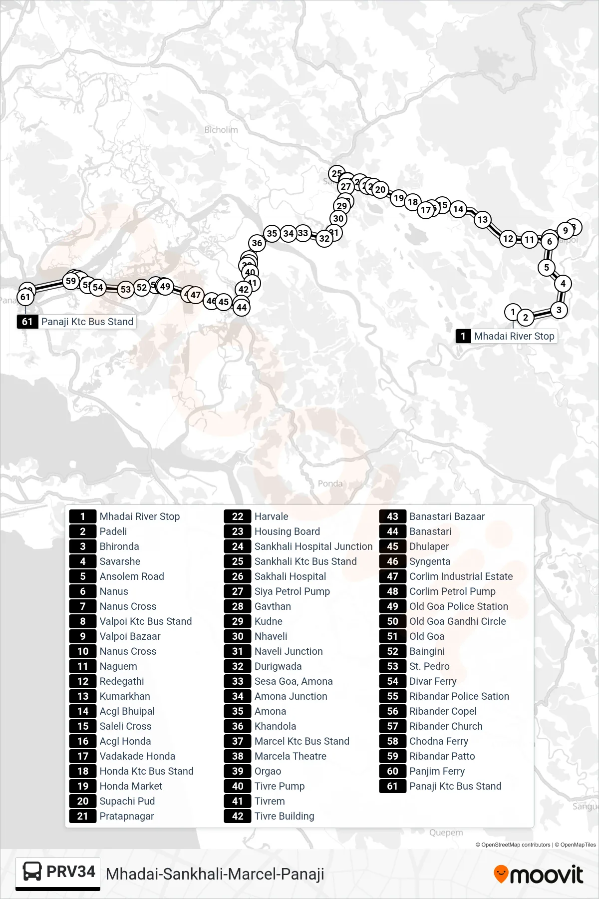 PRV34 bus Line (Mhadai-Sankhali-Marcel-Panaji) route and stops on a map