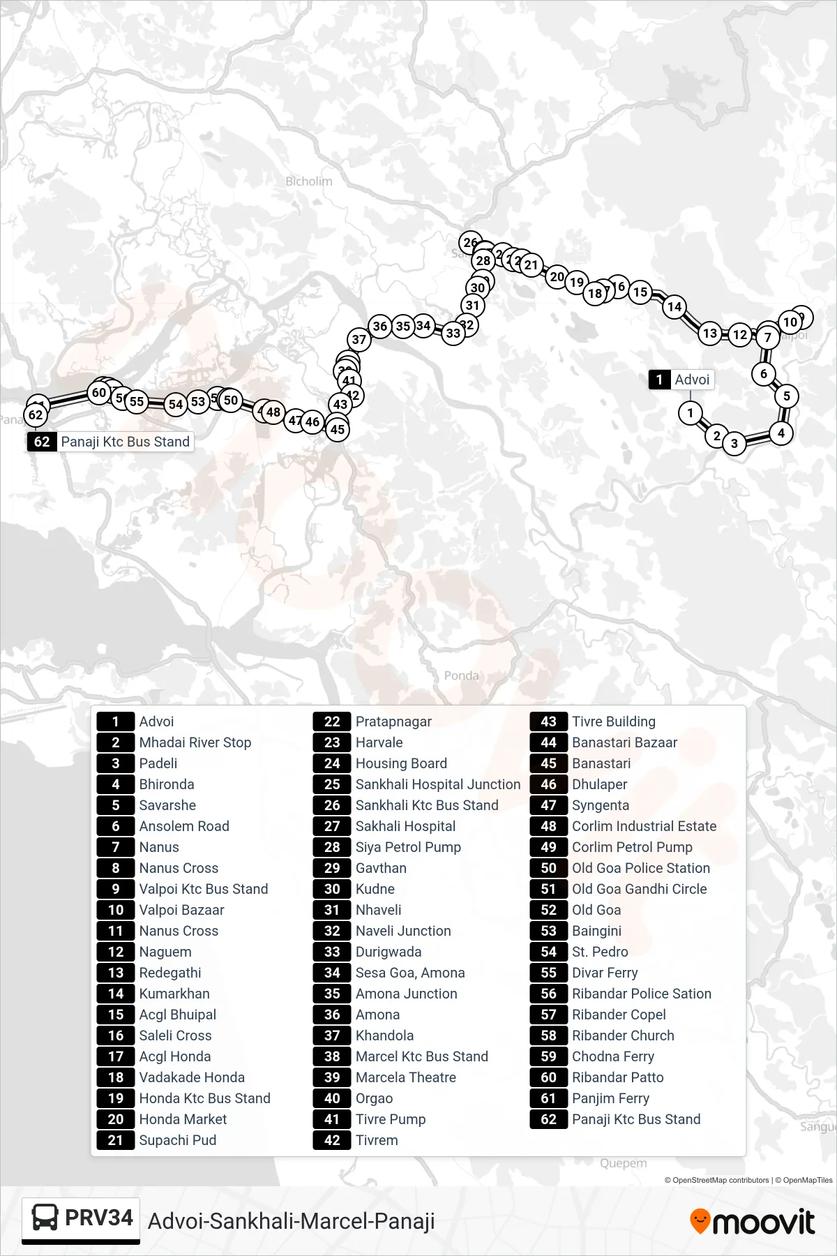 PRV34 bus Line (Advoi-Sankhali-Marcel-Panaji) route and stops on a map