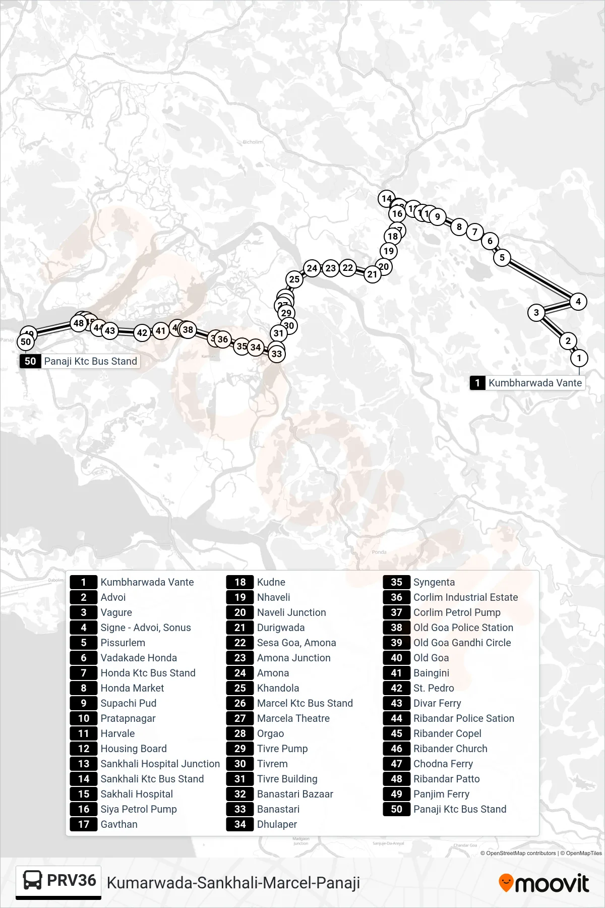 PRV36 bus Line (Kumarwada-Sankhali-Marcel-Panaji) route and stops on a map