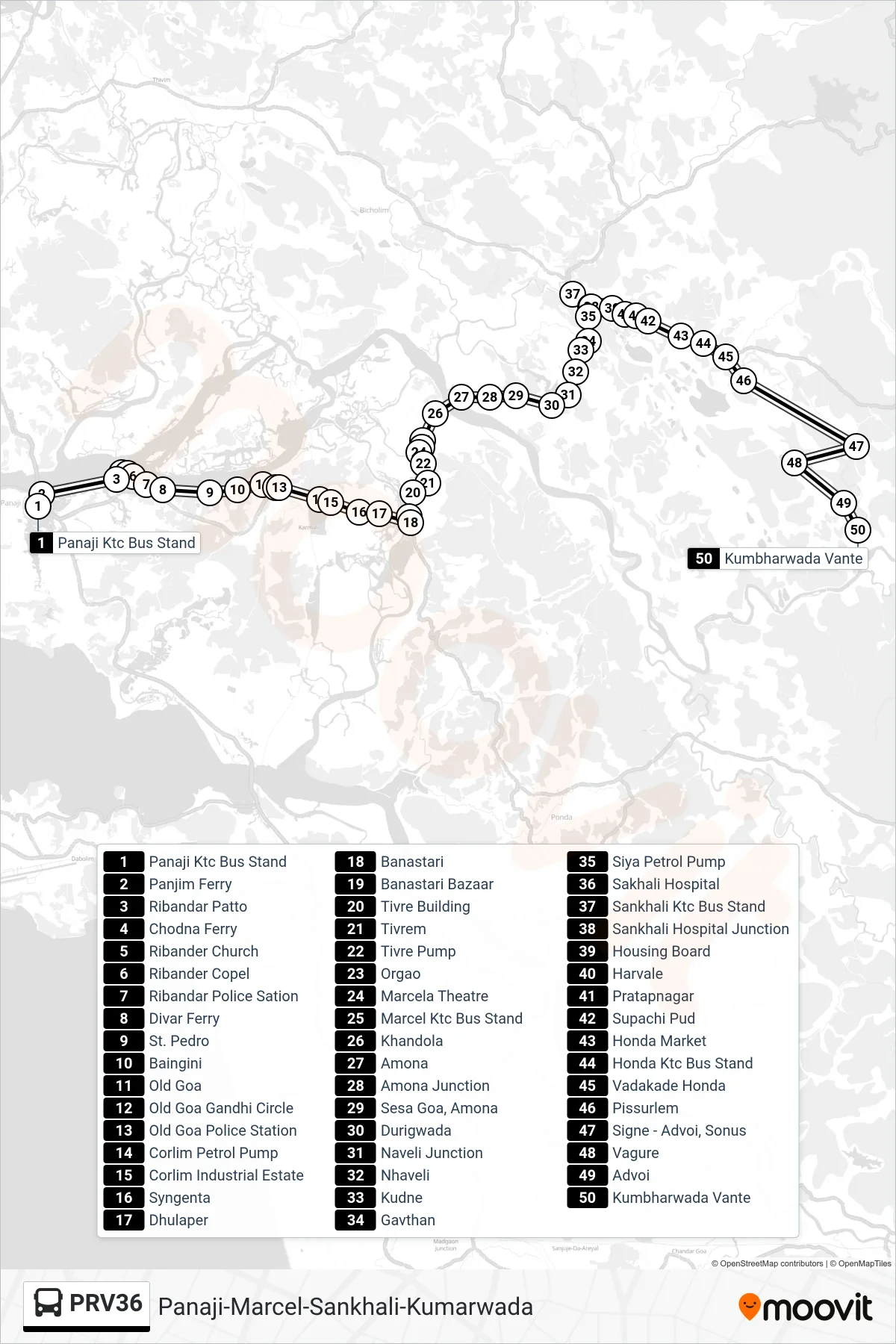 PRV36 bus Line (Panaji-Marcel-Sankhali-Kumarwada) route and stops on a map