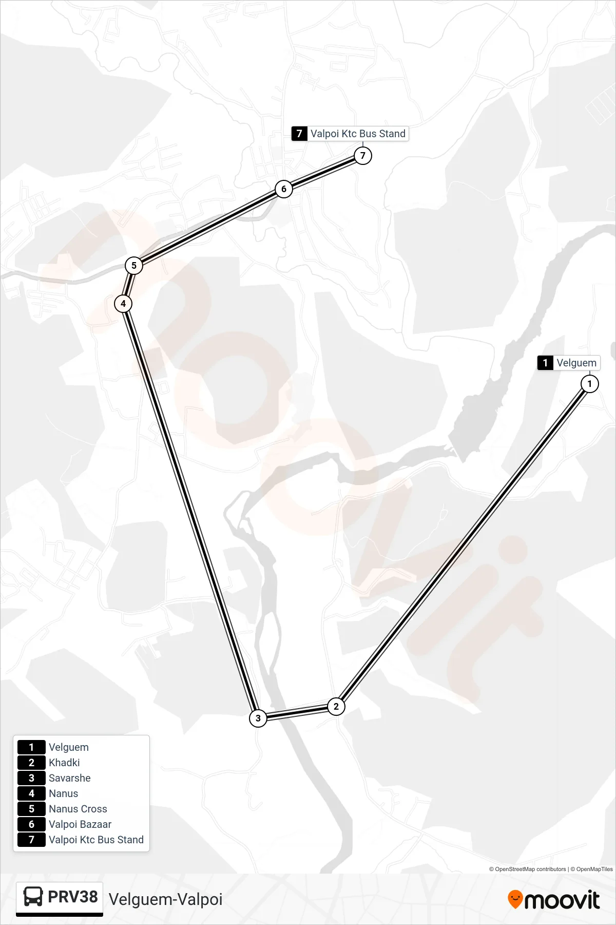 PRV38 bus Line (Velguem-Valpoi) route and stops on a map