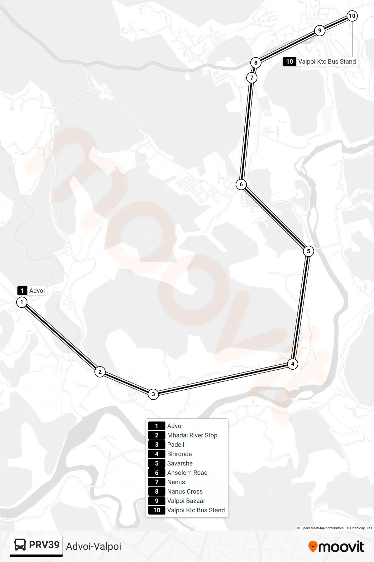 PRV39 bus Line (Advoi-Valpoi) route and stops on a map