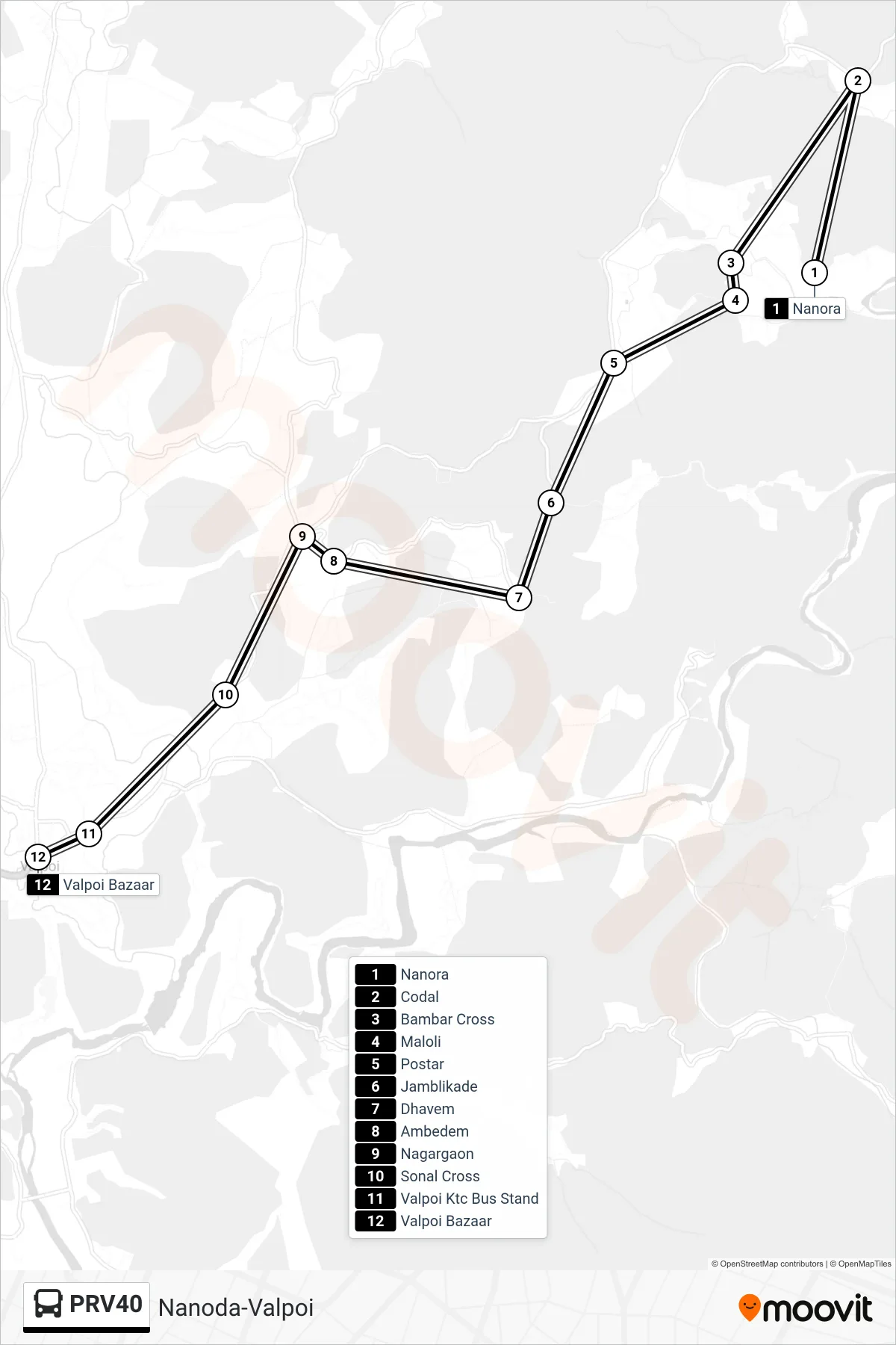 PRV40 bus Line (Nanoda-Valpoi) route and stops on a map