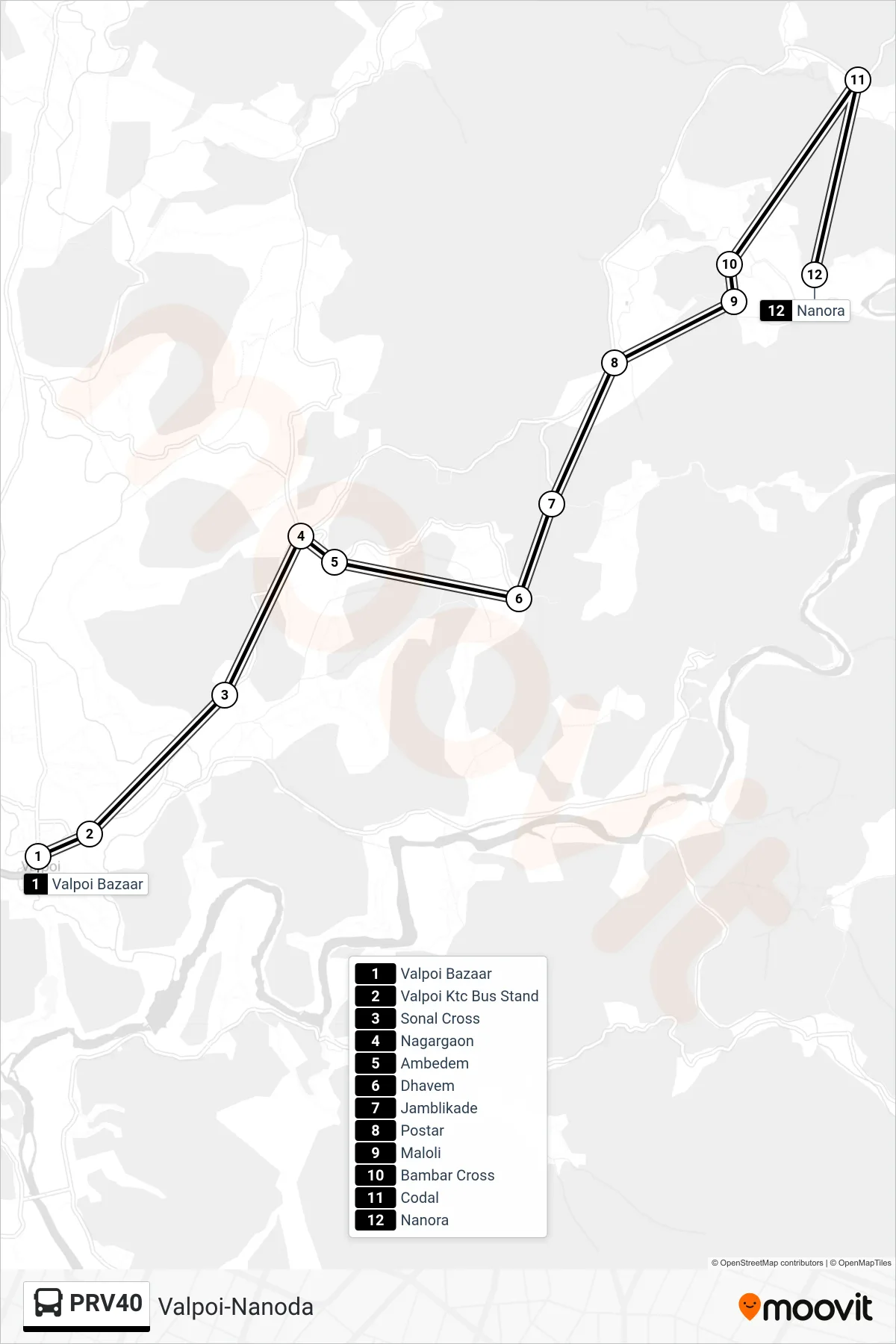 PRV40 bus Line (Valpoi-Nanoda) route and stops on a map