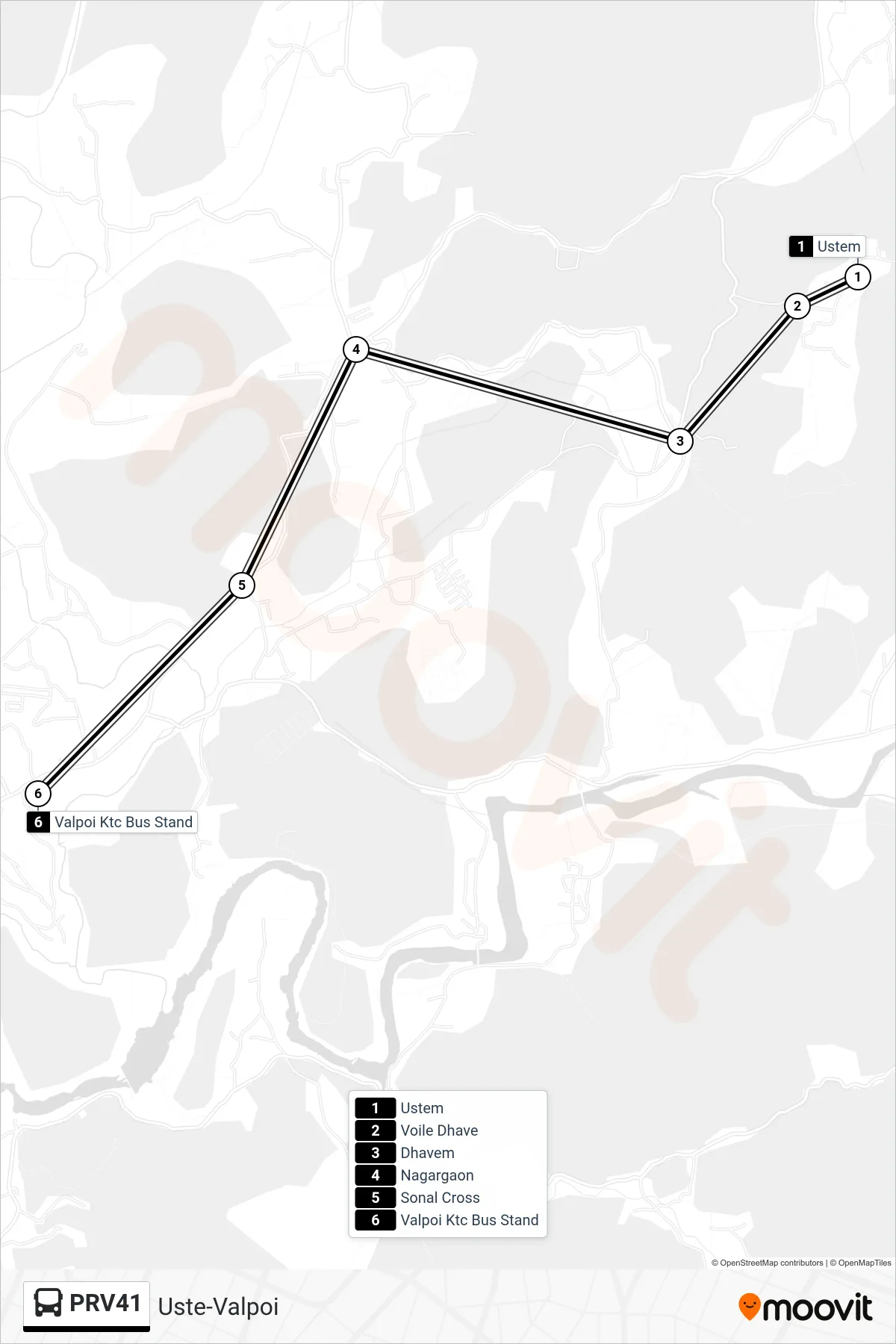 PRV41 bus Line (Uste-Valpoi) route and stops on a map