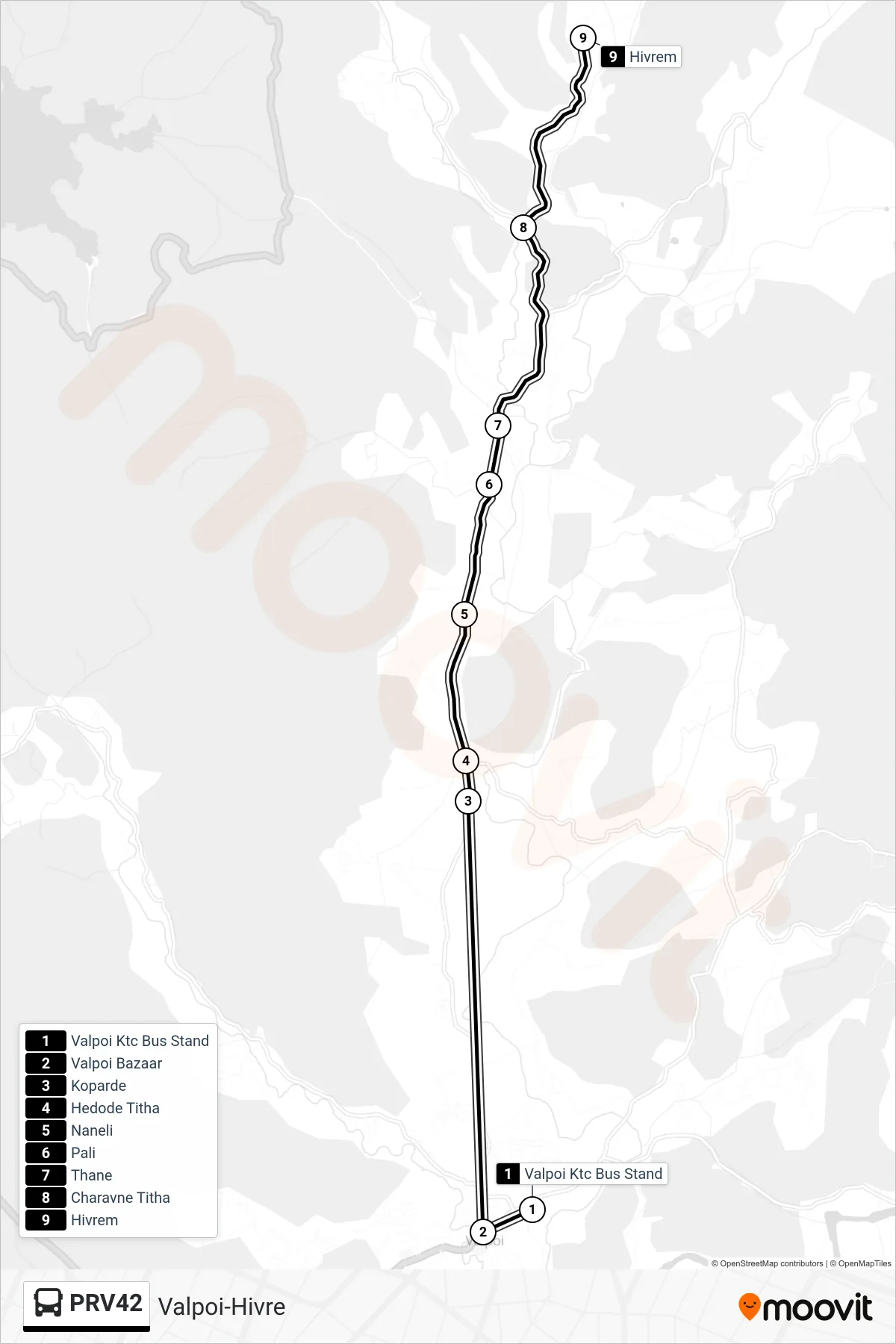 PRV42 bus Line (Valpoi-Hivre) route and stops on a map