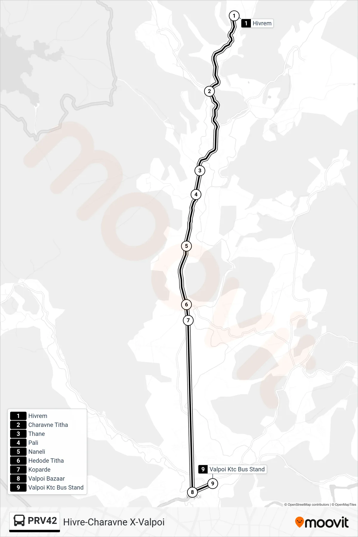 PRV42 bus Line (Hivre-Charavne X-Valpoi) route and stops on a map