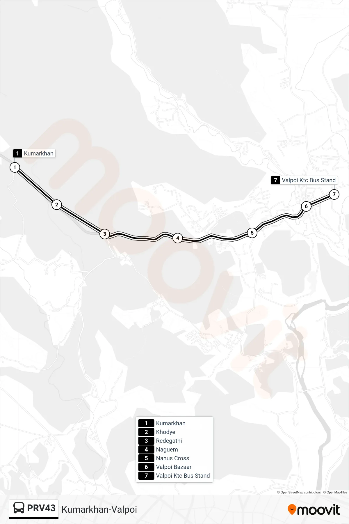 PRV43 bus Line (Kumarkhan-Valpoi) route and stops on a map